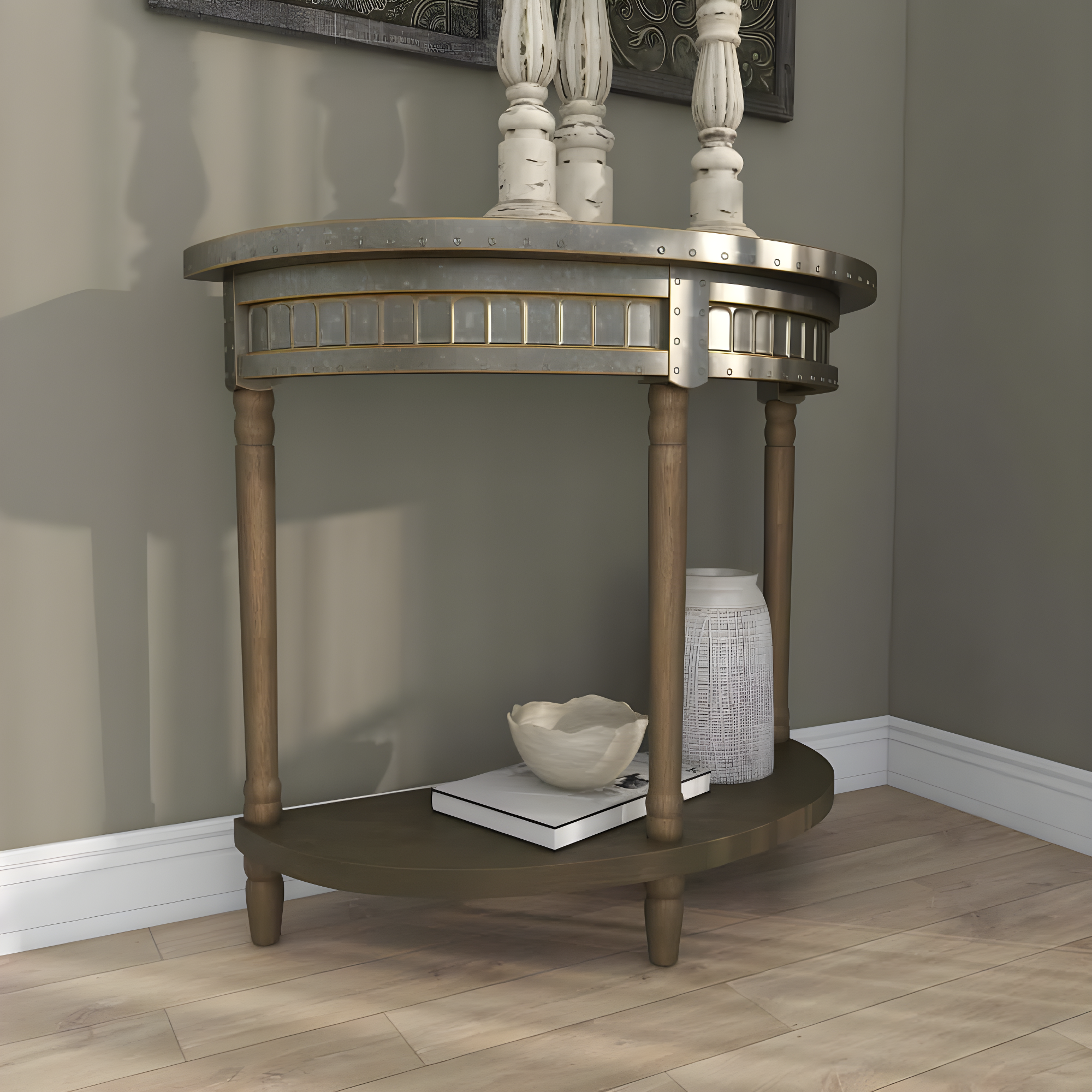 Traditional Half Round Side Table Beige - Olivia & May: Sturdy Iron Entryway Console with Shelf