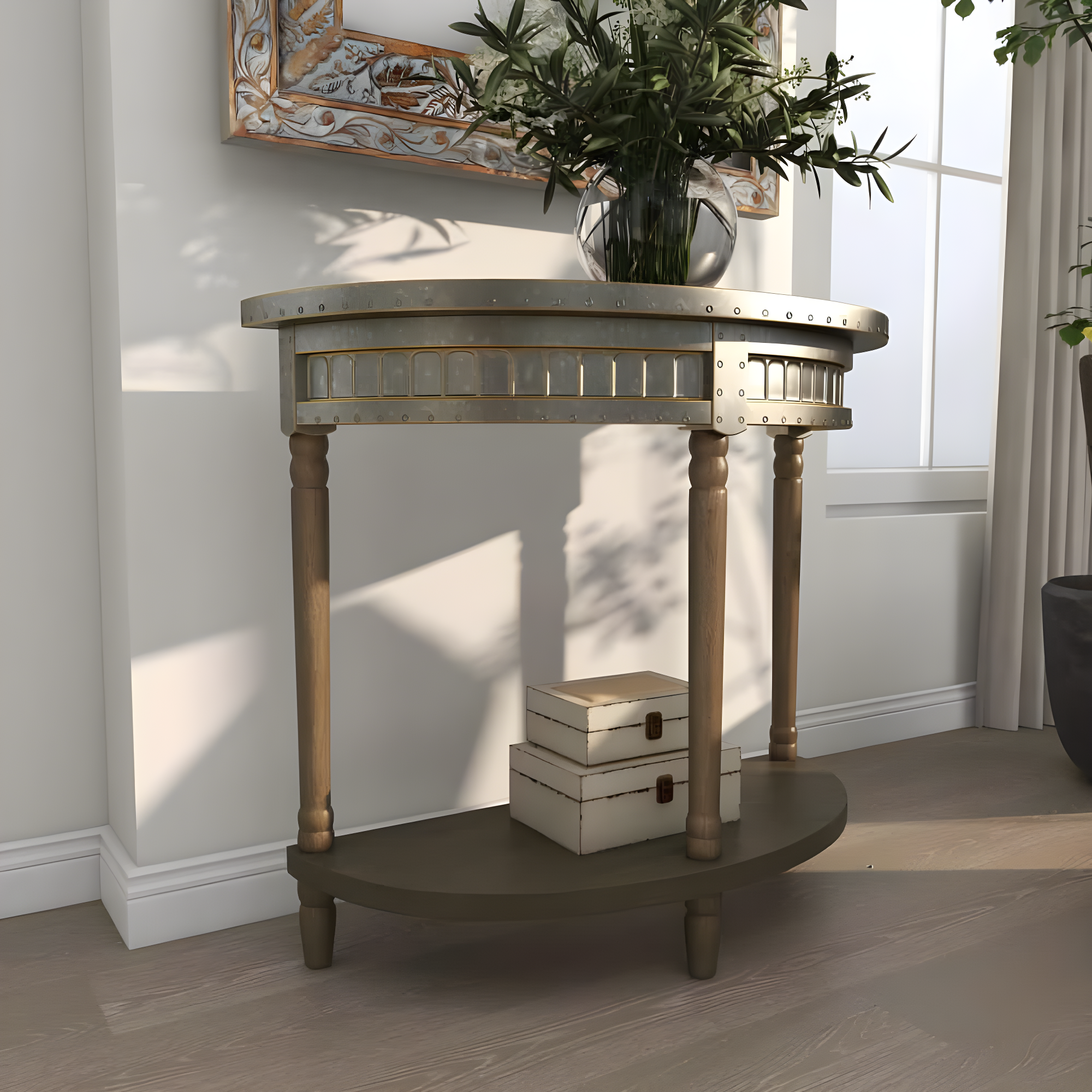 Traditional Half Round Side Table Beige - Olivia & May: Sturdy Iron Entryway Console with Shelf
