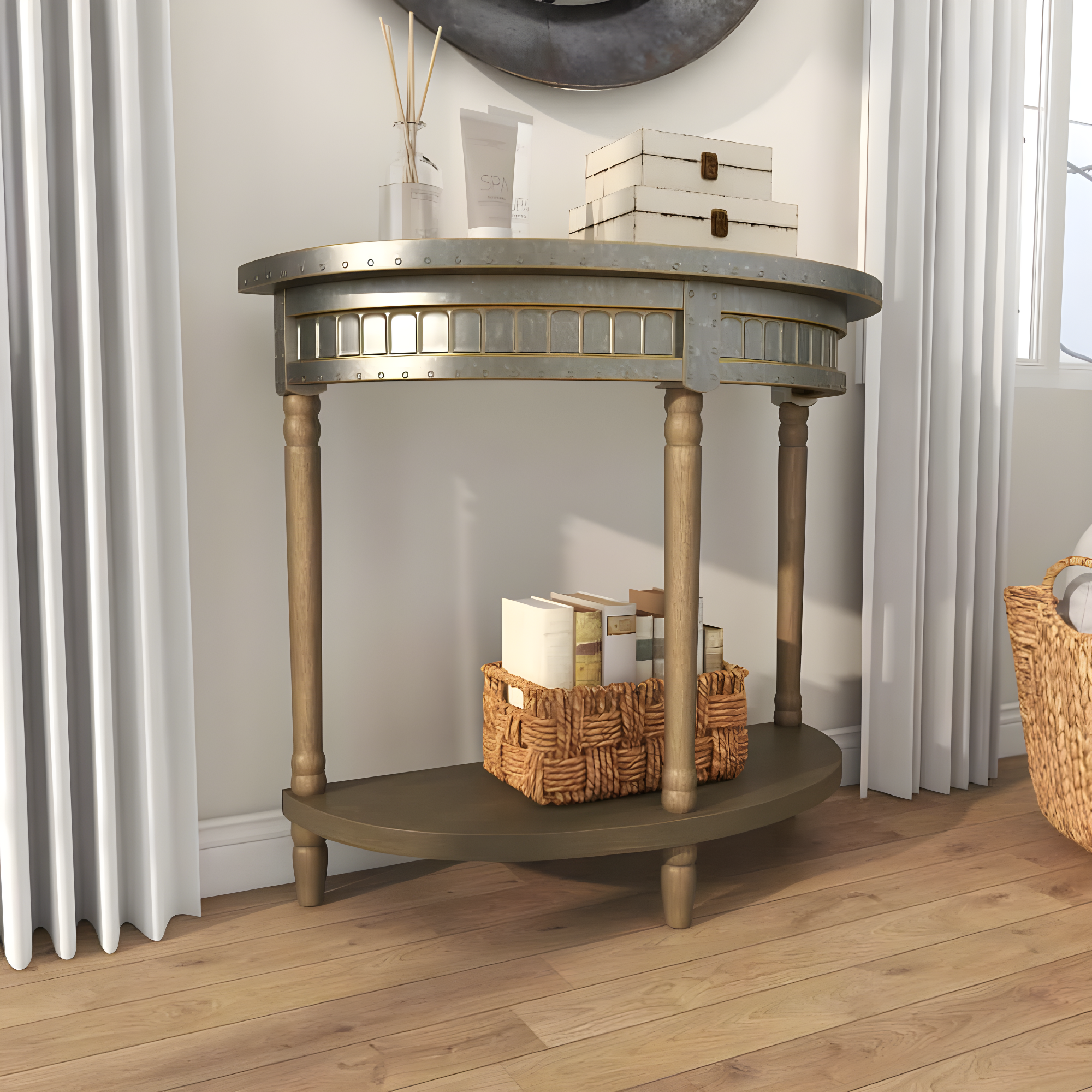 Traditional Half Round Side Table Beige - Olivia & May: Sturdy Iron Entryway Console with Shelf