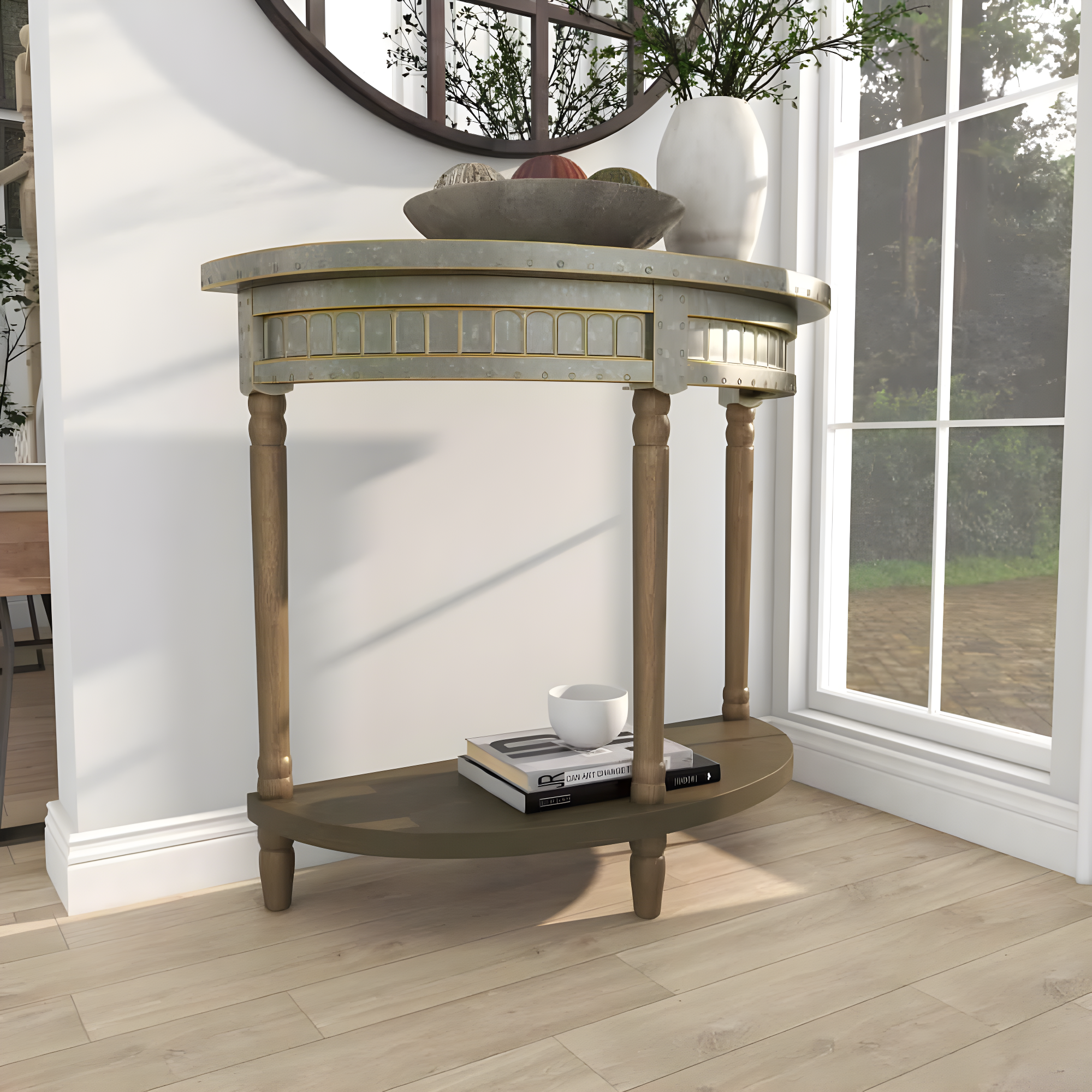 Traditional Half Round Side Table Beige - Olivia & May: Sturdy Iron Entryway Console with Shelf