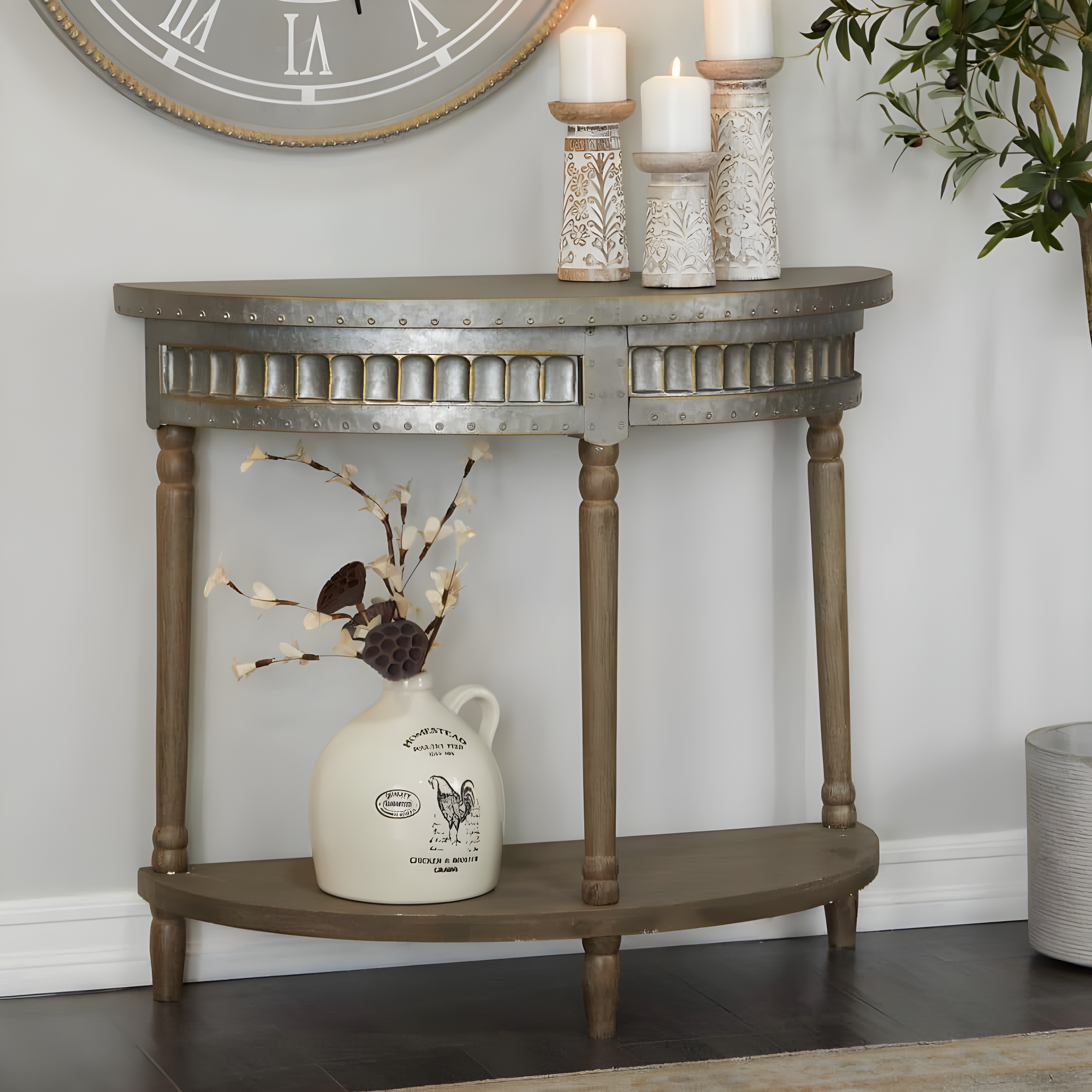 Traditional Half Round Side Table Beige - Olivia & May: Sturdy Iron Entryway Console with Shelf