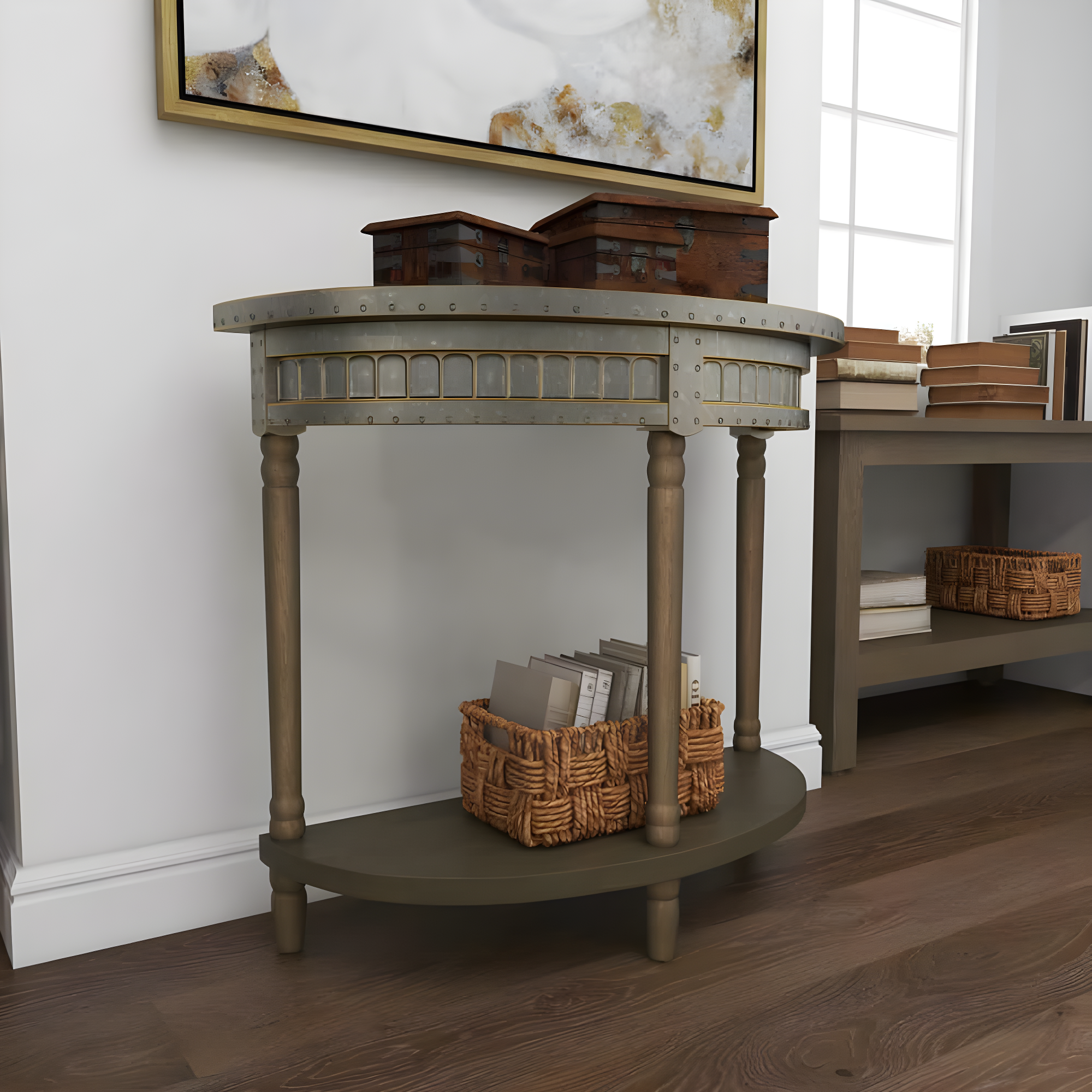 Traditional Half Round Side Table Beige - Olivia & May: Sturdy Iron Entryway Console with Shelf