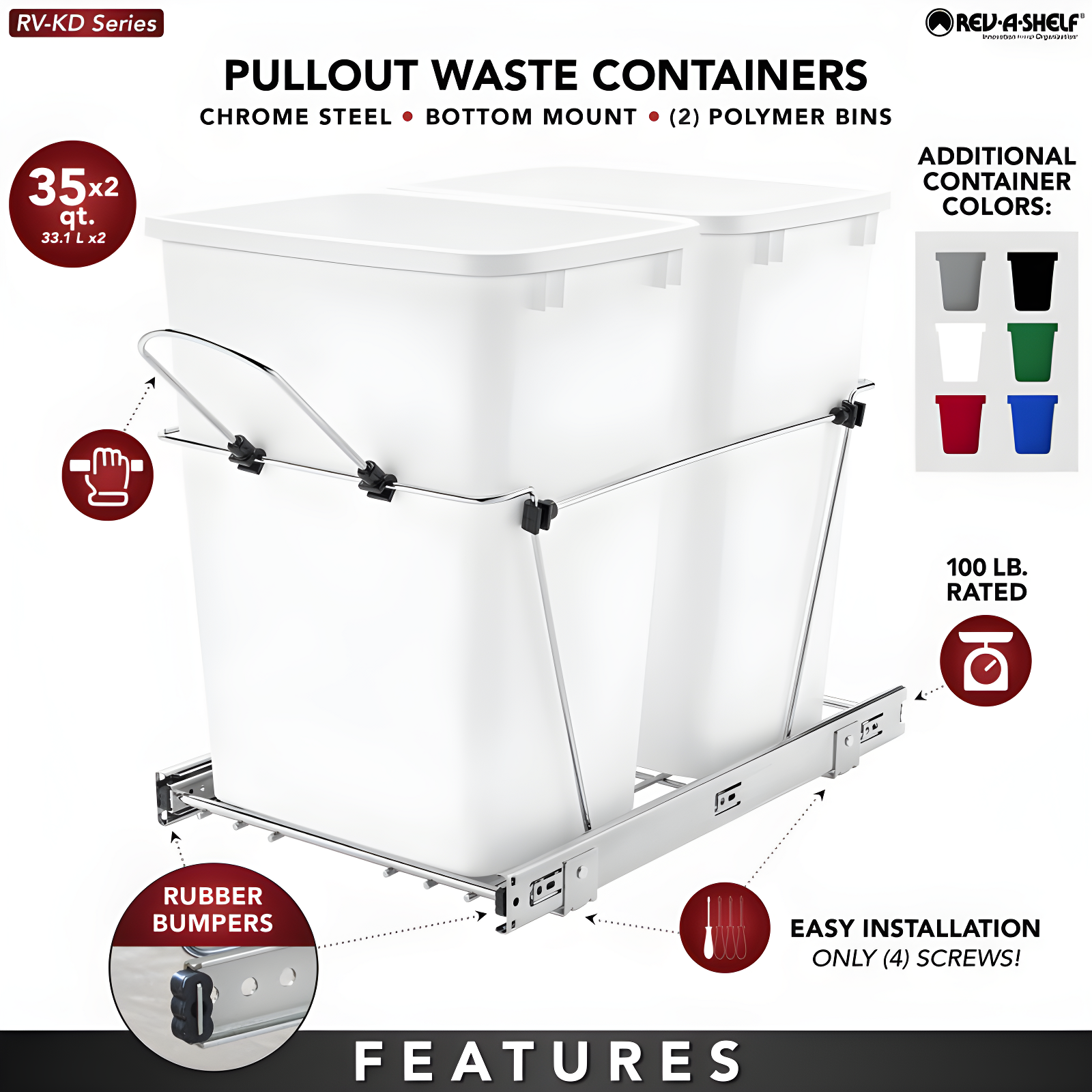 Rev-A-Shelf Double Pull Out Trash Can 27 Qt for Kitchen