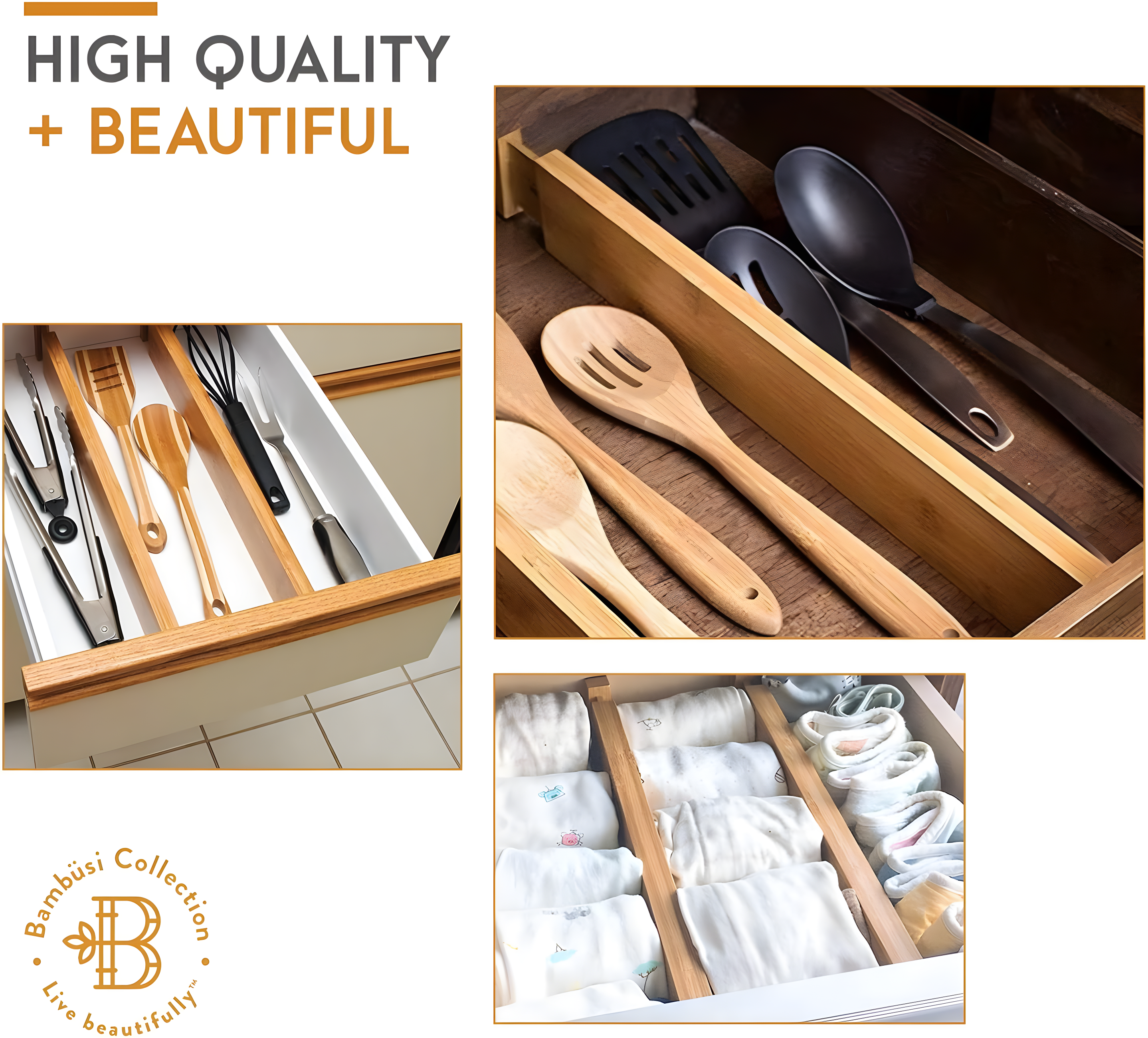 4-Pack Adjustable Bamboo Drawer Dividers – 16" to 22" Expandable Drawer Organizers for Kitchen, Bedroom, Bathroom, or Office - 2.6" Tall