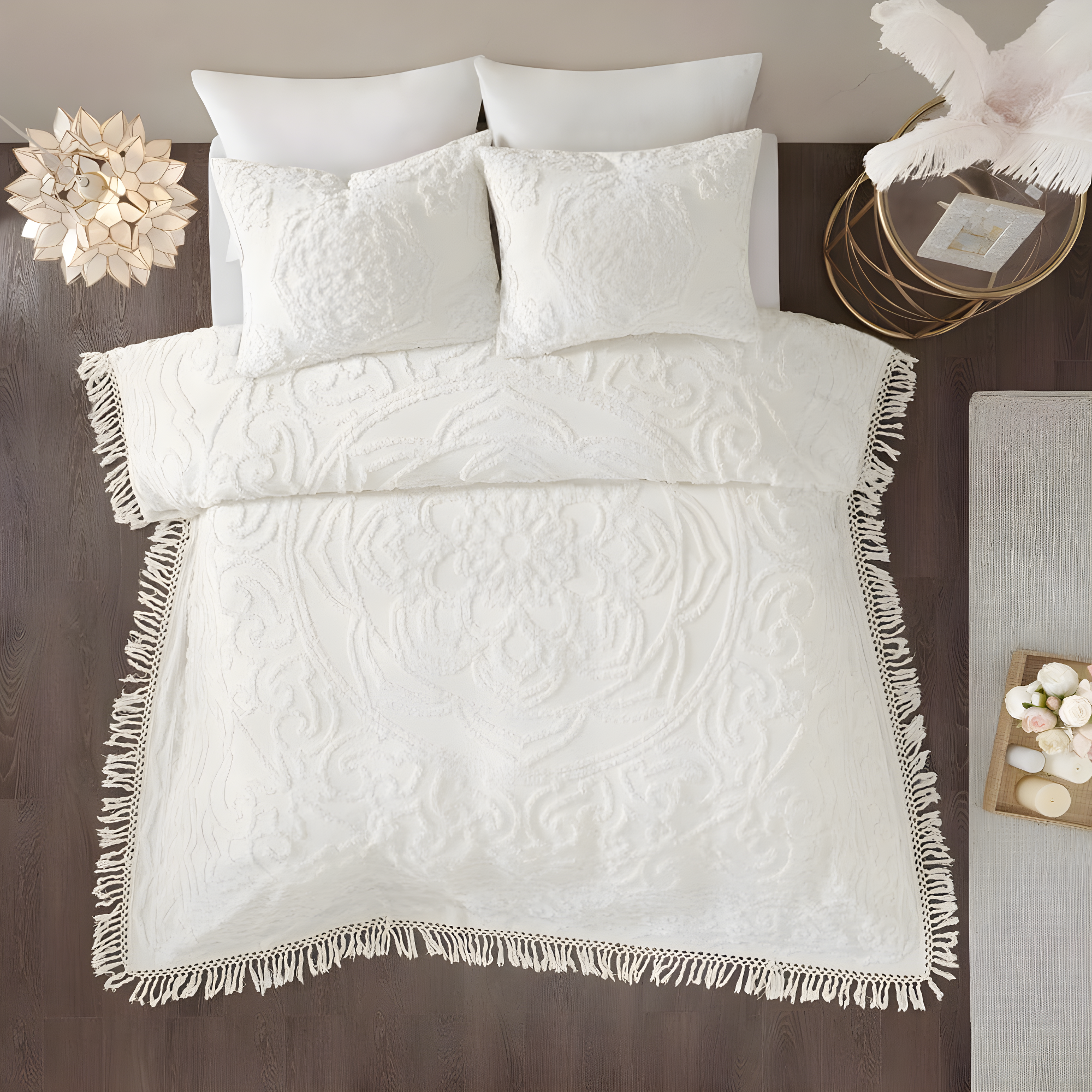 Madison Park Laetitia Tufted Chenille Cotton Medallion Fringe Coverlet Set