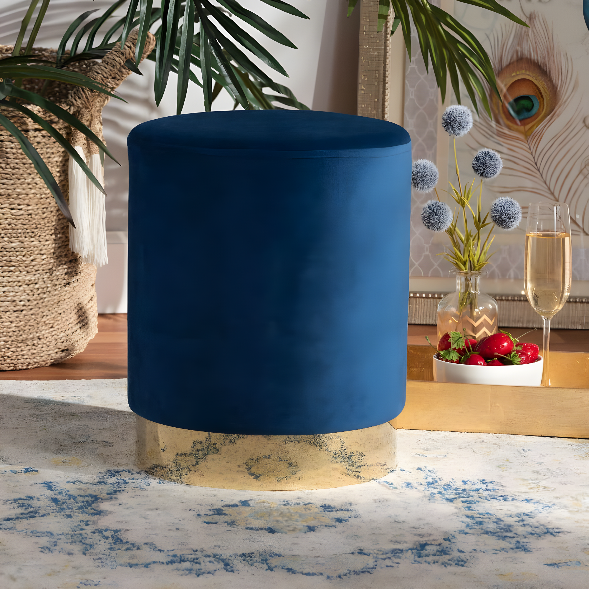 Baxton Studio Chaela Navy Blue Velvet and Gold Finished Metal Ottoman