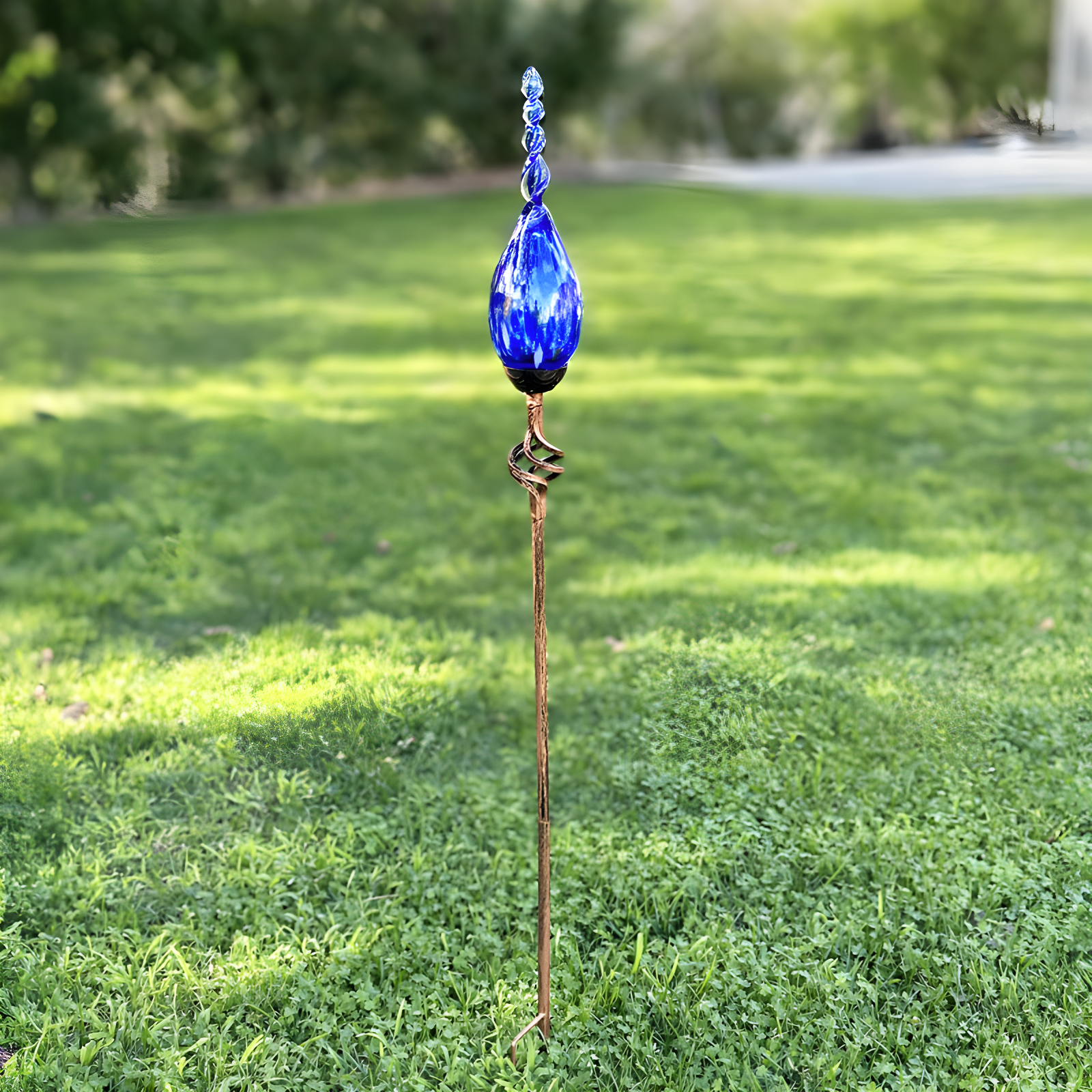 Exhart Solar Pearlized Hand Blown Glass Twisted Flame Garden Stake with Metal Finial Detail, 36 Inch