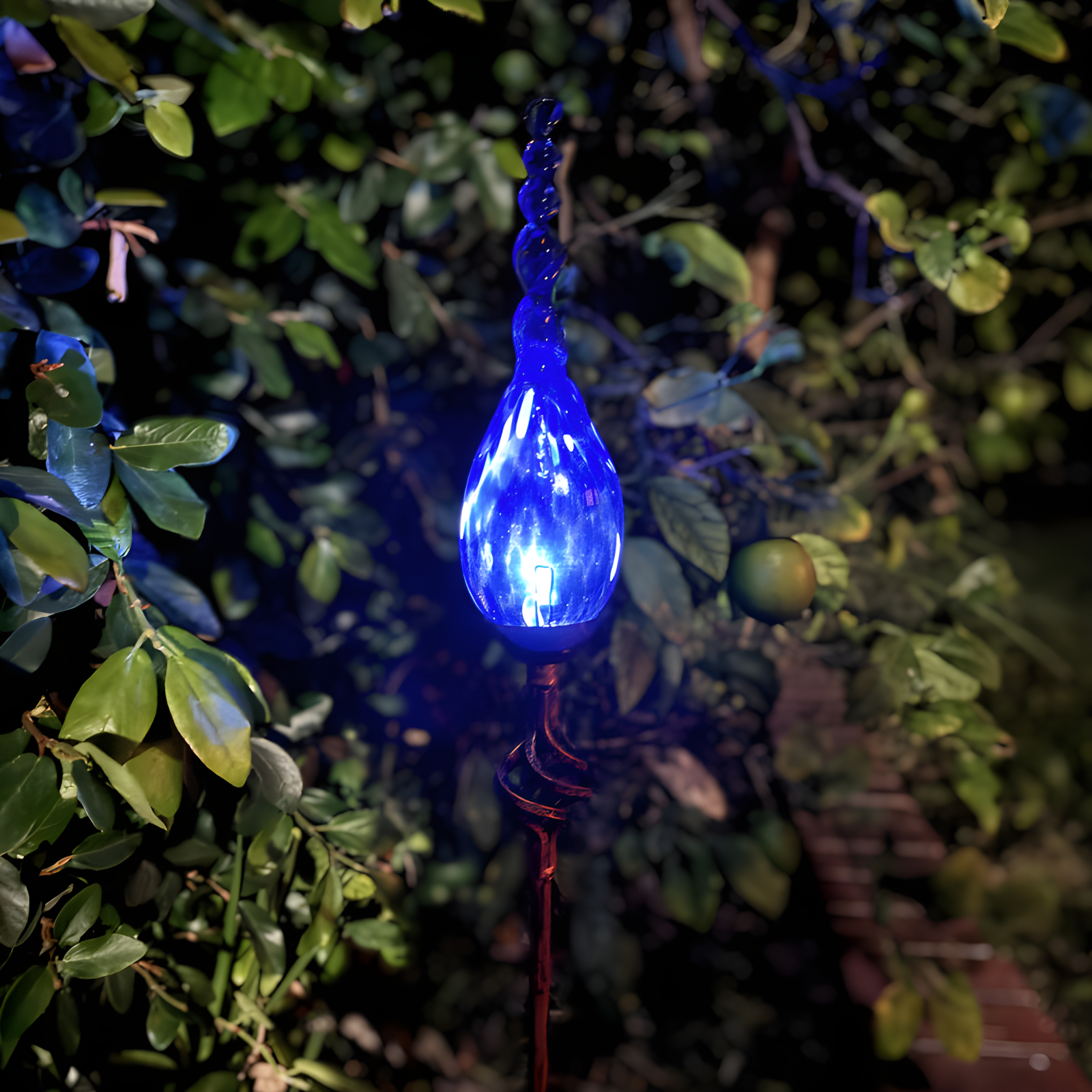 Exhart Solar Pearlized Hand Blown Glass Twisted Flame Garden Stake with Metal Finial Detail, 36 Inch