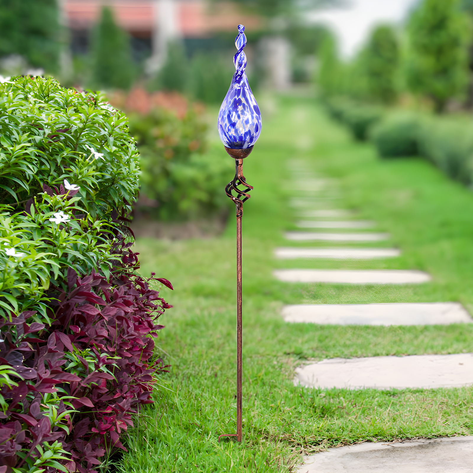Exhart Solar Pearlized Hand Blown Glass Twisted Flame Garden Stake with Metal Finial Detail, 36 Inch