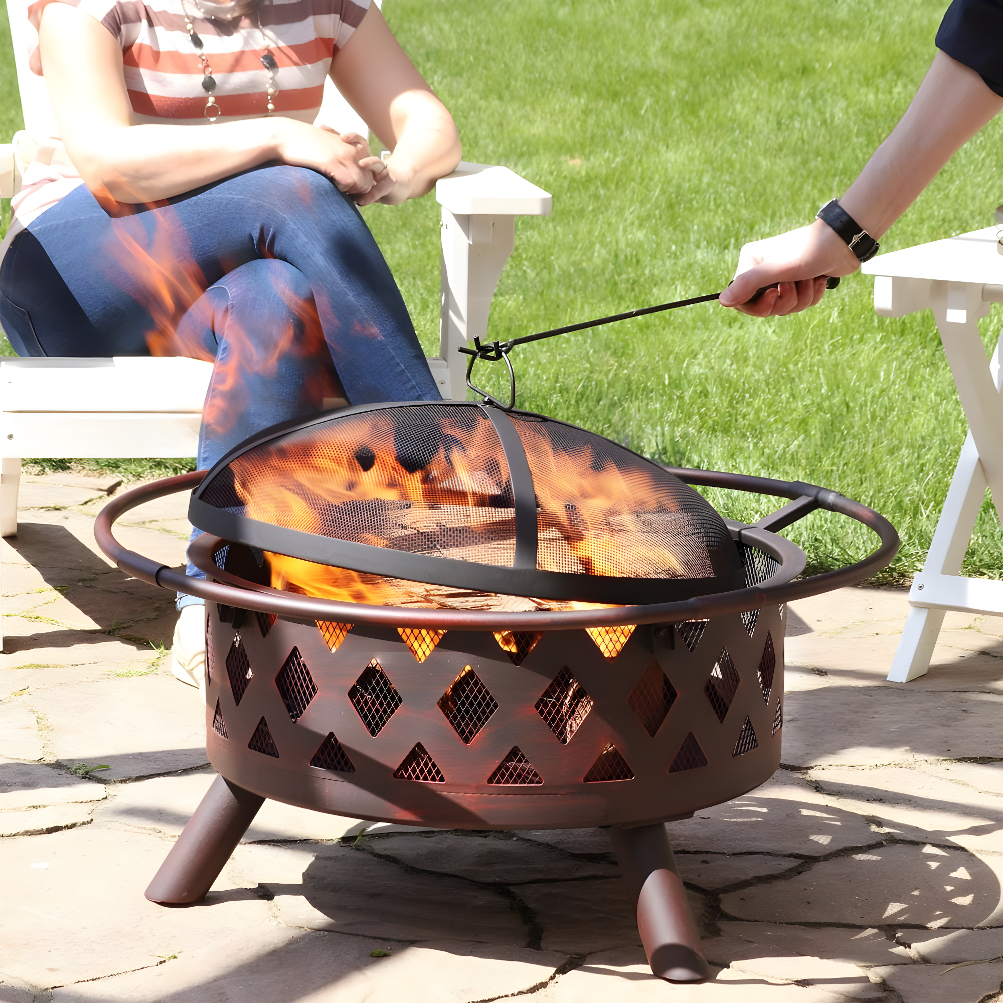Alcott Hill® Mast Round Wood-Burning Bronze Finish Crossweave Fire Pit with Screen and Poker