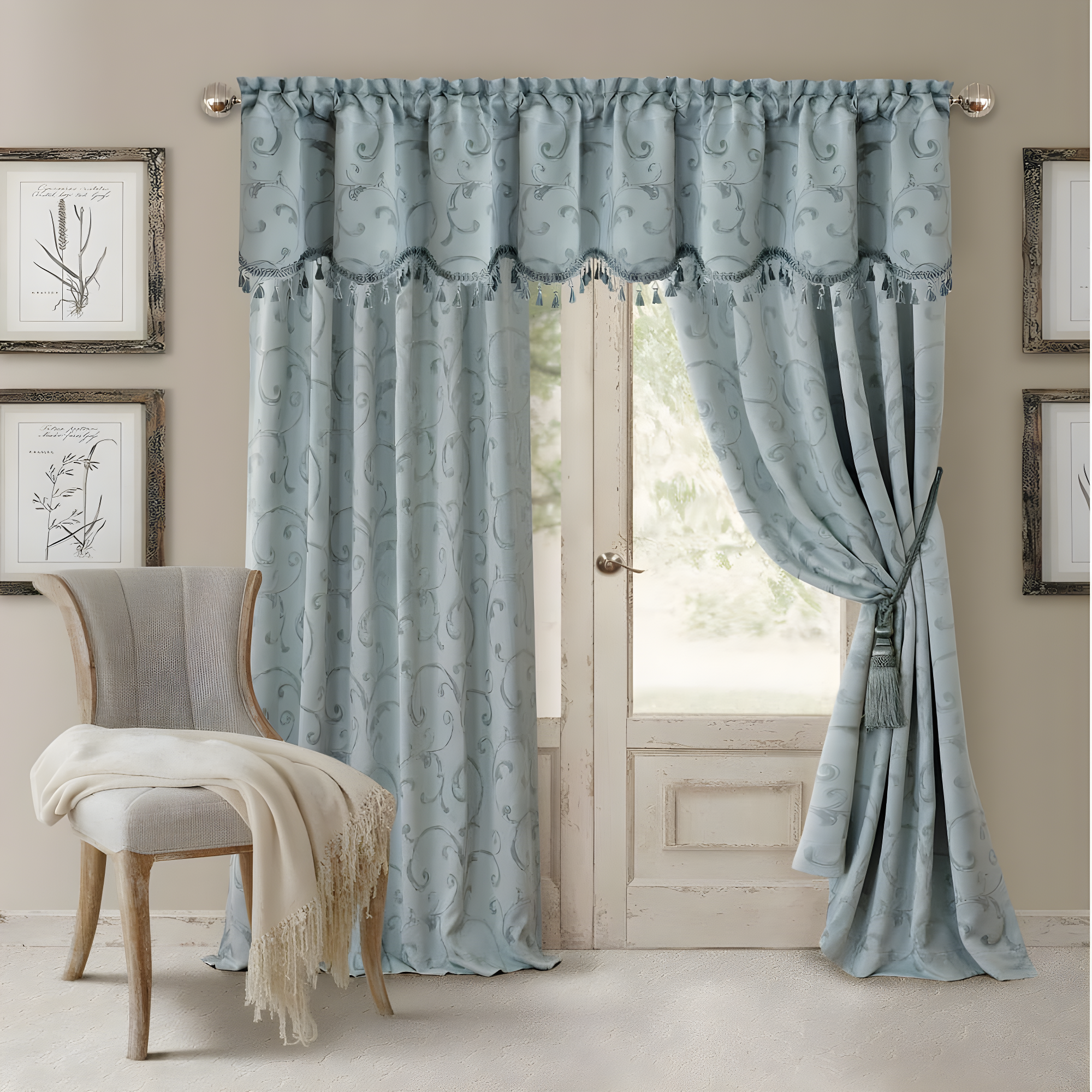 Mia Jacquard Scroll Blackout Window Curtain Panel - 52" x 84" - Blue - Elrene Home Fashions