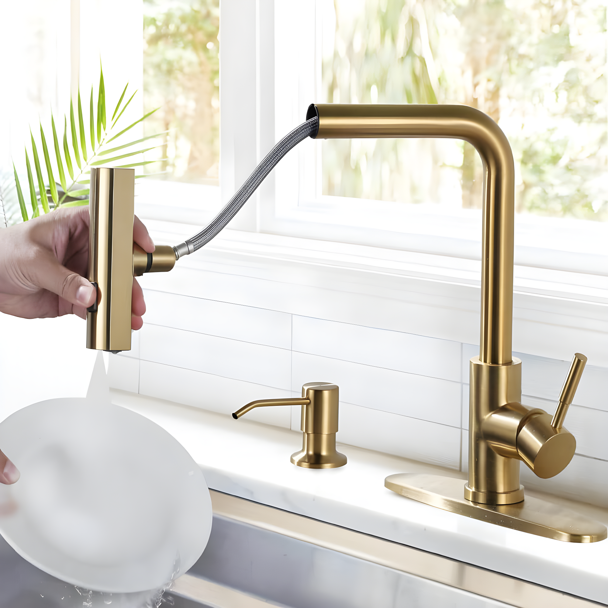 Waterfall Kitchen Faucet with Pull Down Sprayer, Stainless Kitchen Faucet with Sprayer 3 Modes