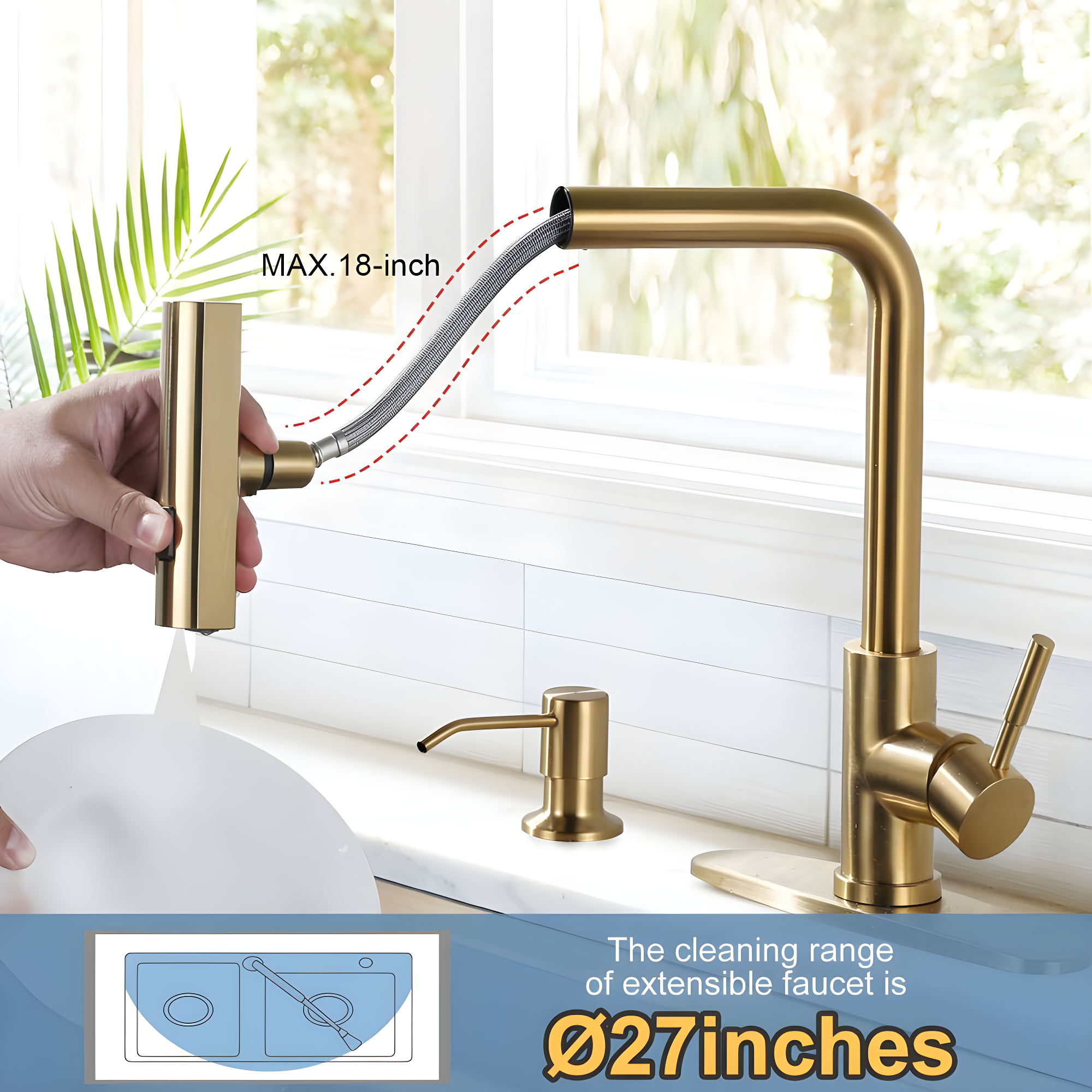Waterfall Kitchen Faucet with Pull Down Sprayer, Stainless Kitchen Faucet with Sprayer 3 Modes