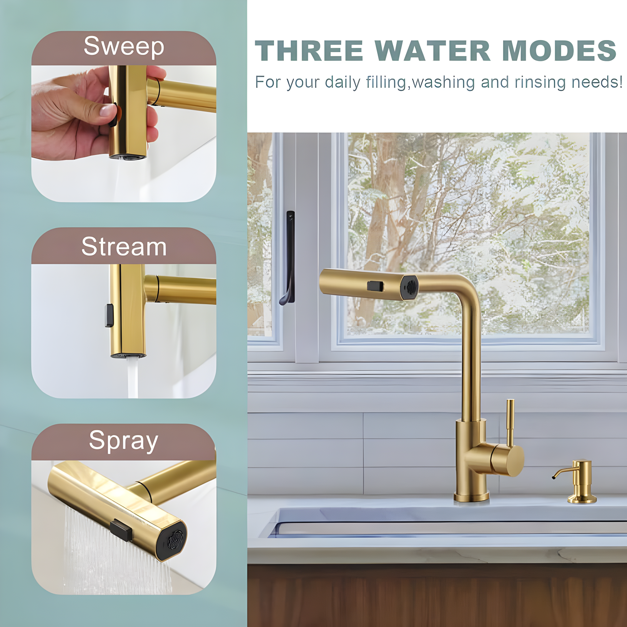 Waterfall Kitchen Faucet with Pull Down Sprayer, Stainless Kitchen Faucet with Sprayer 3 Modes