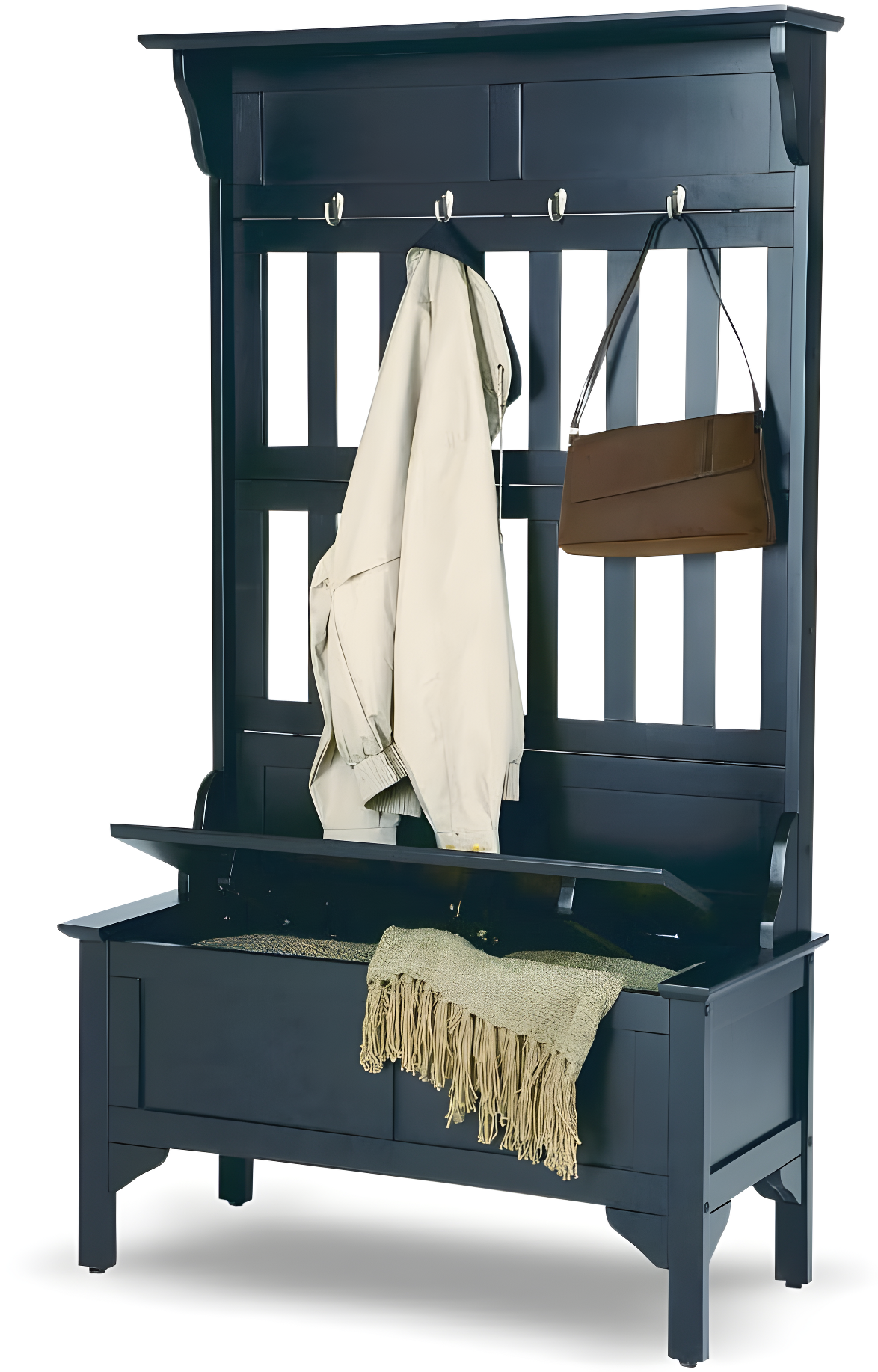 Co-t Solid Hardwood Hall Tree With Storage Bench, Safety Hinge, And Brass Hooks