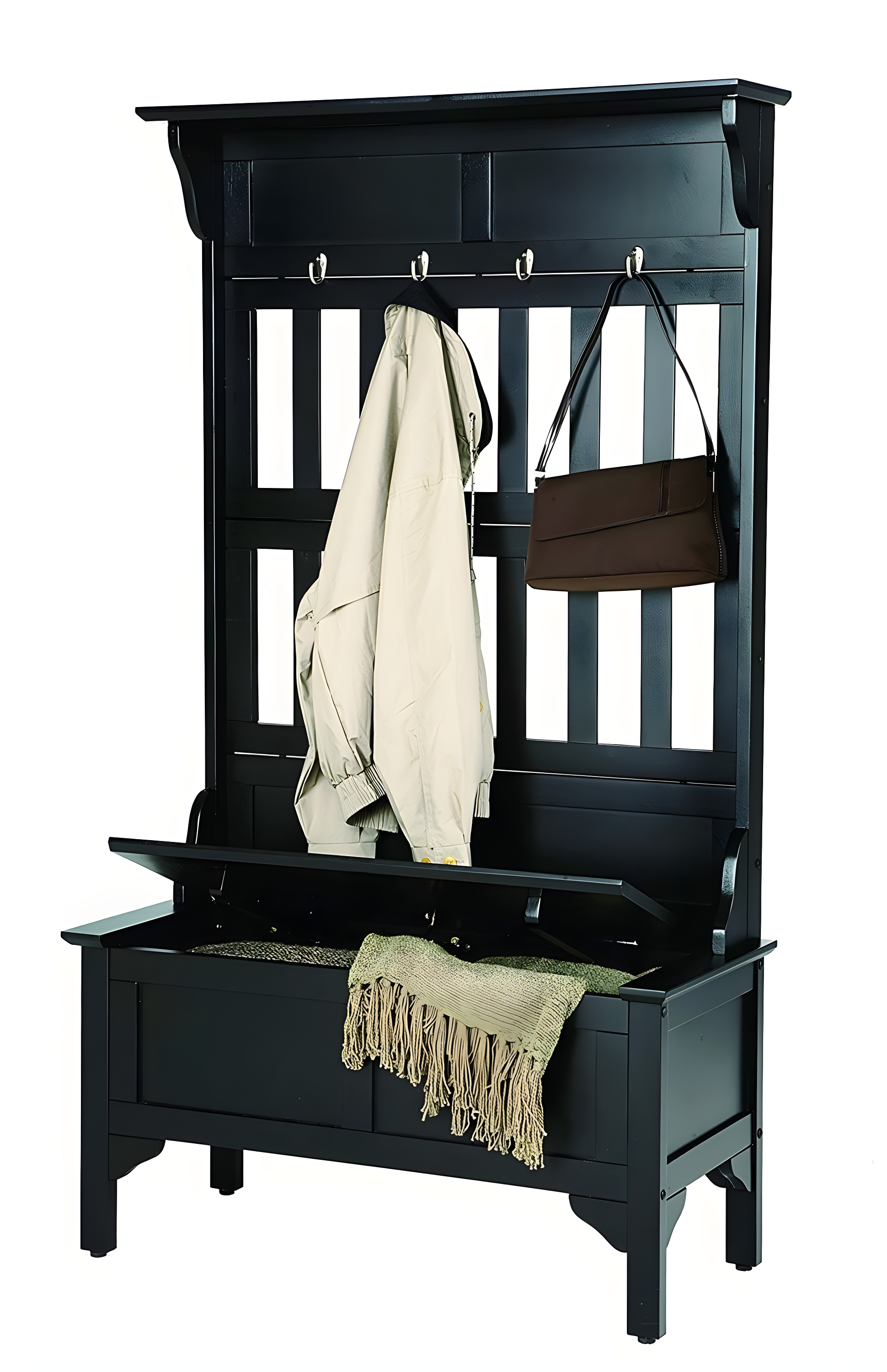Co-t Solid Hardwood Hall Tree With Storage Bench, Safety Hinge, And Brass Hooks