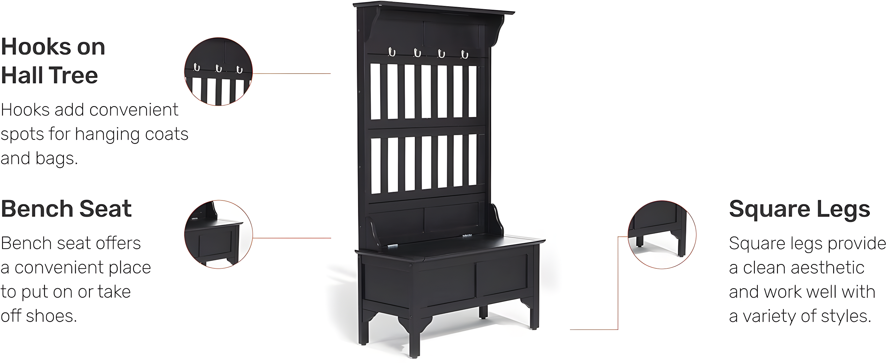 Co-t Solid Hardwood Hall Tree With Storage Bench, Safety Hinge, And Brass Hooks
