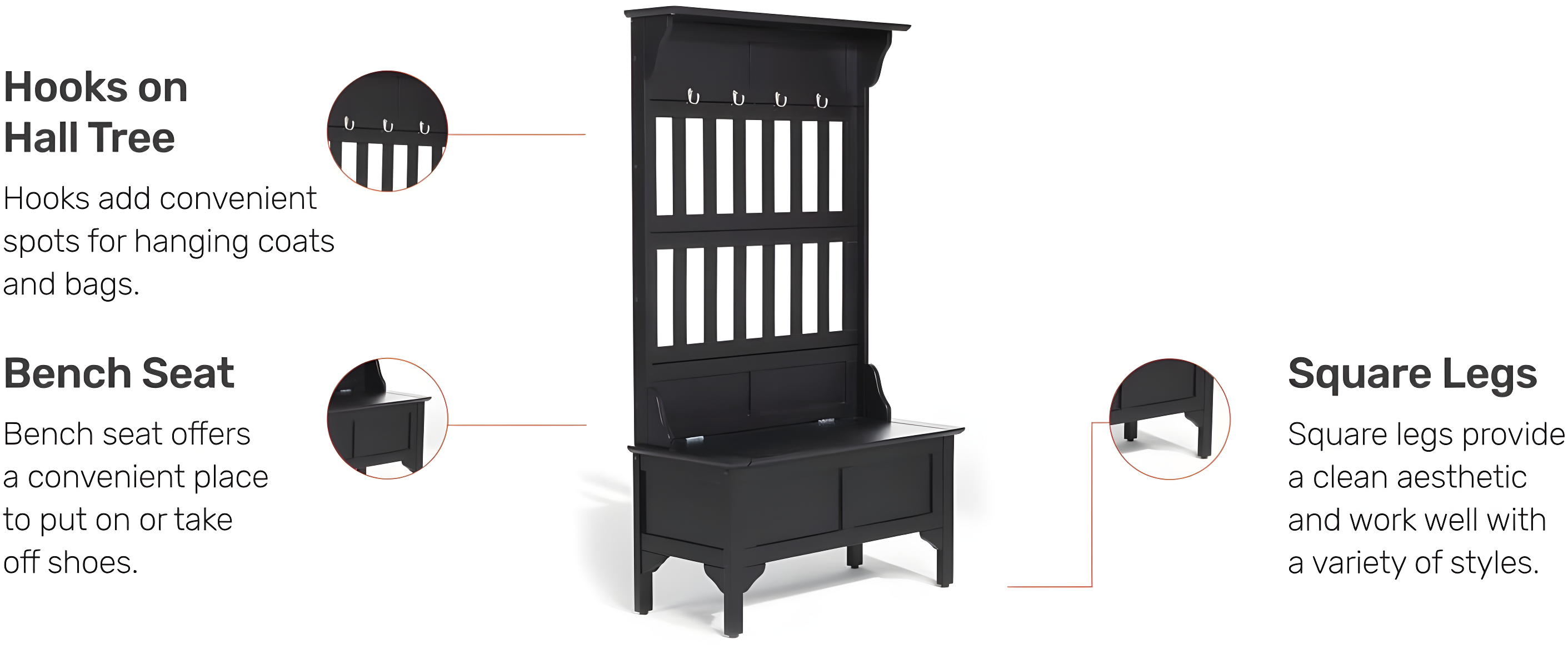 Co-t Solid Hardwood Hall Tree With Storage Bench, Safety Hinge, And Brass Hooks