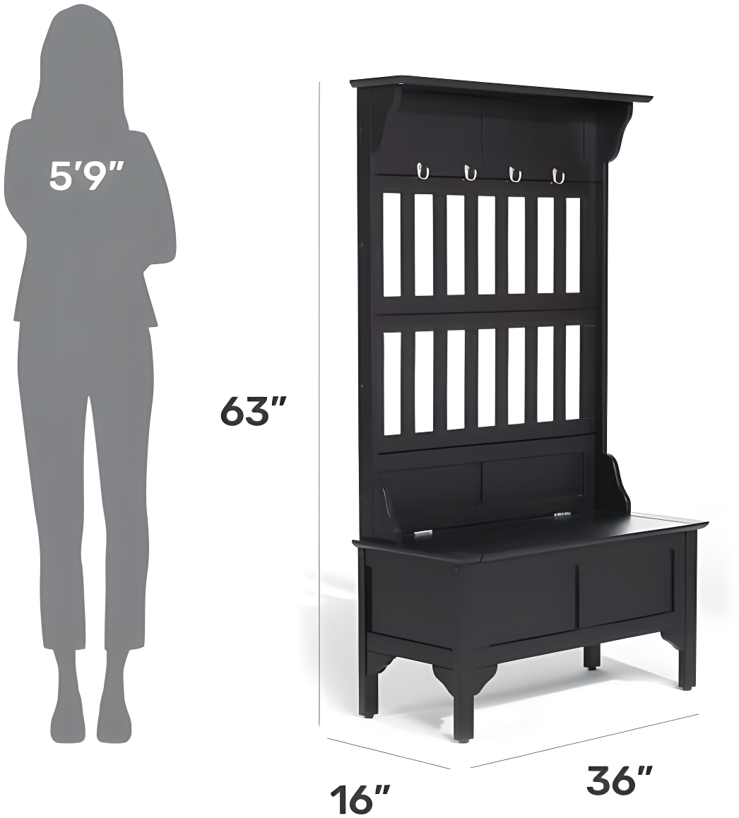 Co-t Solid Hardwood Hall Tree With Storage Bench, Safety Hinge, And Brass Hooks