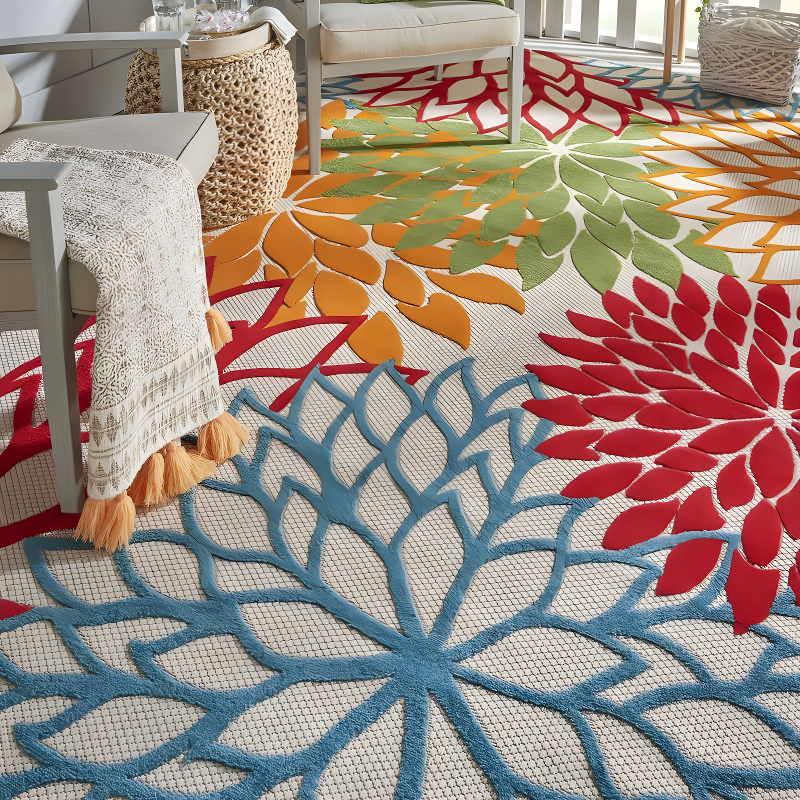 Nourison Aloha Floral Bloom Flatweave High-Low Indoor Outdoor Area Rug Green 9'6" x 13'