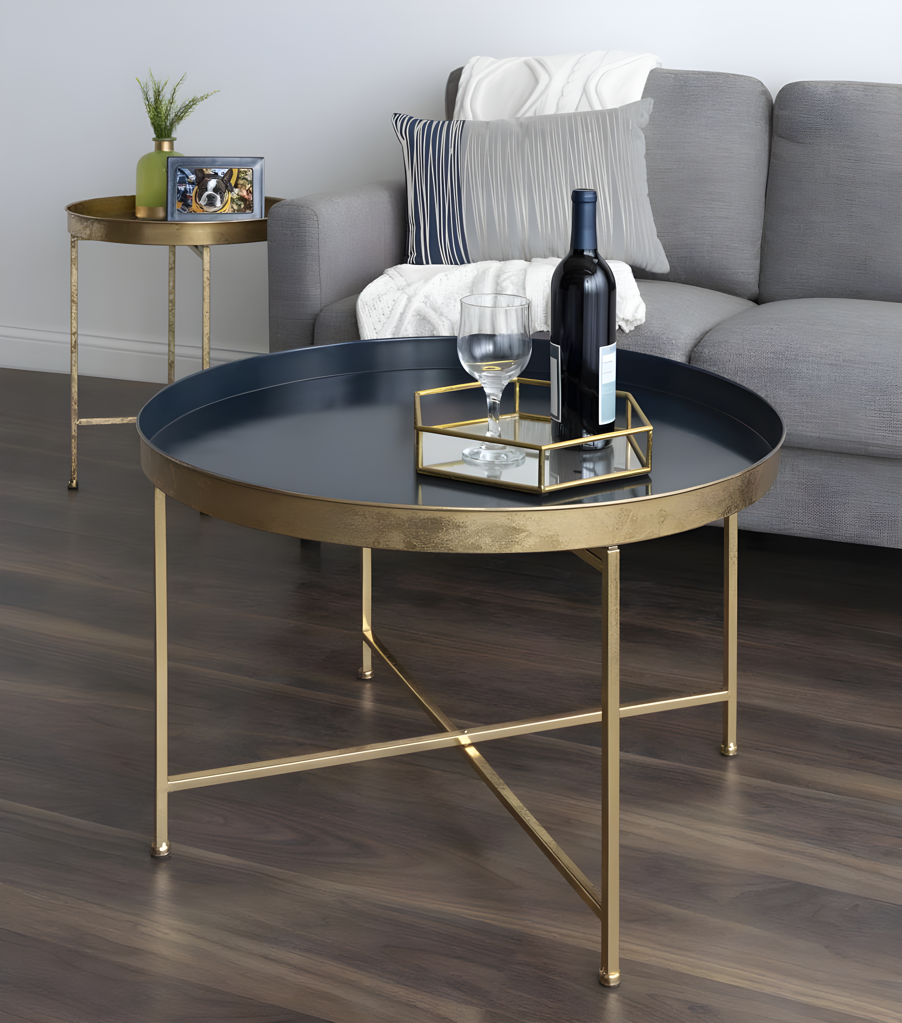 Kate and Laurel Celia Round Metal Coffee Table, 28.25x28.25x19, Navy Blue and Gold