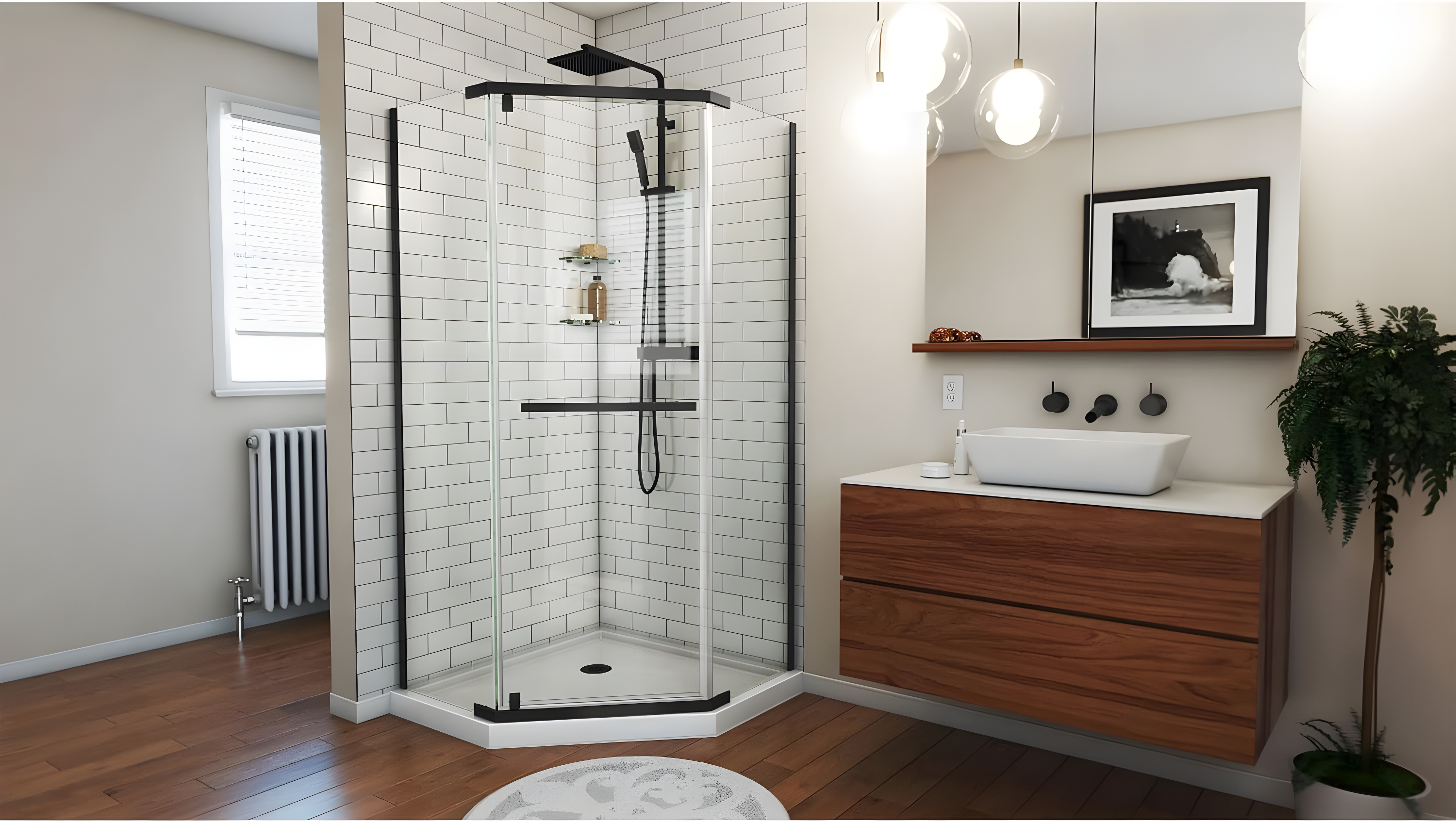 Prism 40" W x 40" D x 74.75" H Frameless Neo-Angle Reversible Shower Kit with Towel Bar and Base Included