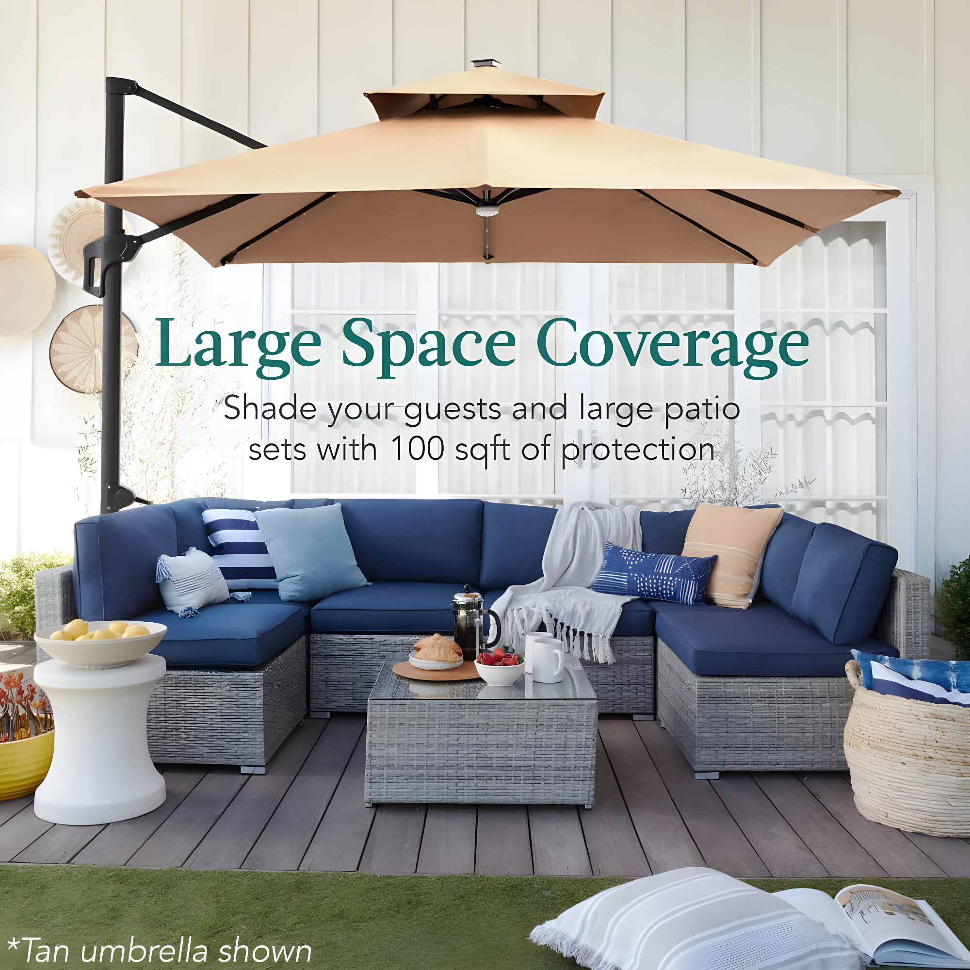 Arlmont & Co. Ronessa 10x10ft 2-Tier Square Outdoor Solar LED Cantilever Patio Umbrella w/ Base Included