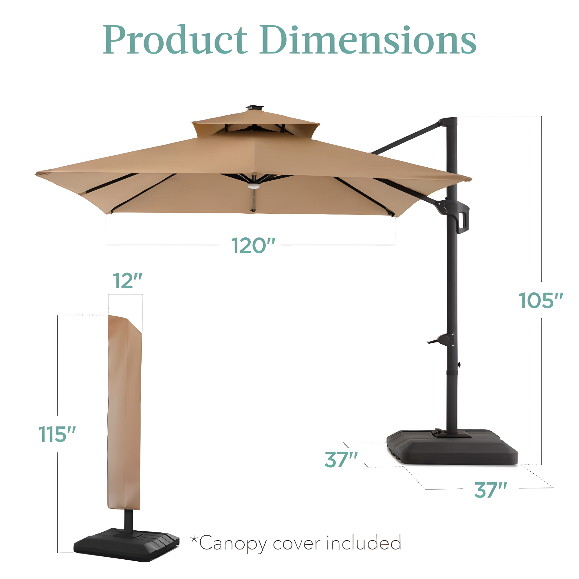 Arlmont & Co. Ronessa 10x10ft 2-Tier Square Outdoor Solar LED Cantilever Patio Umbrella w/ Base Included