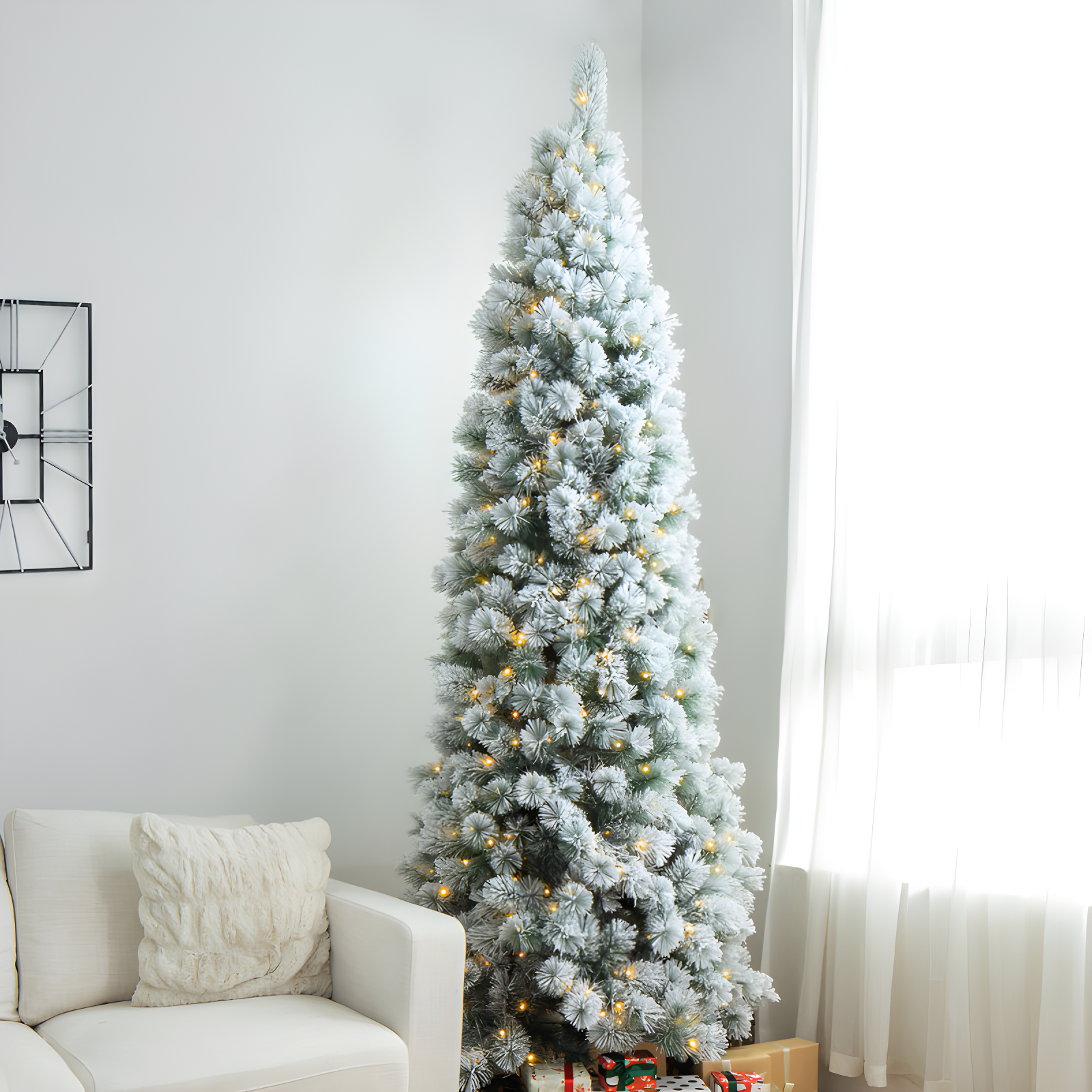 Slender Flocked Pine Christmas Tree with LED Lights