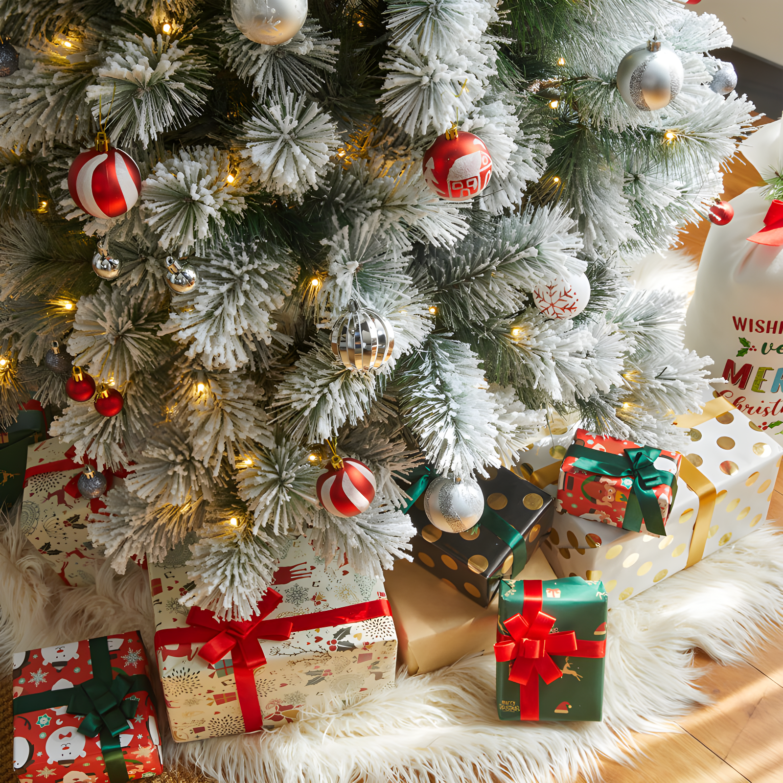 Slender Flocked Pine Christmas Tree with LED Lights