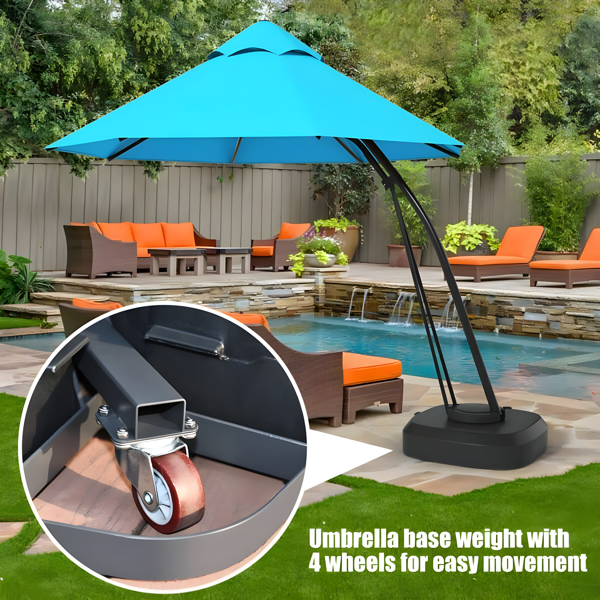 Spaco 11 Feet Outdoor Cantilever Hanging Umbrella with Base and Wheels-Turquoise, Patio Offset Umbrella with Easy Tilt Adjustment, Outdoor Cantilever Hanging Umbrella