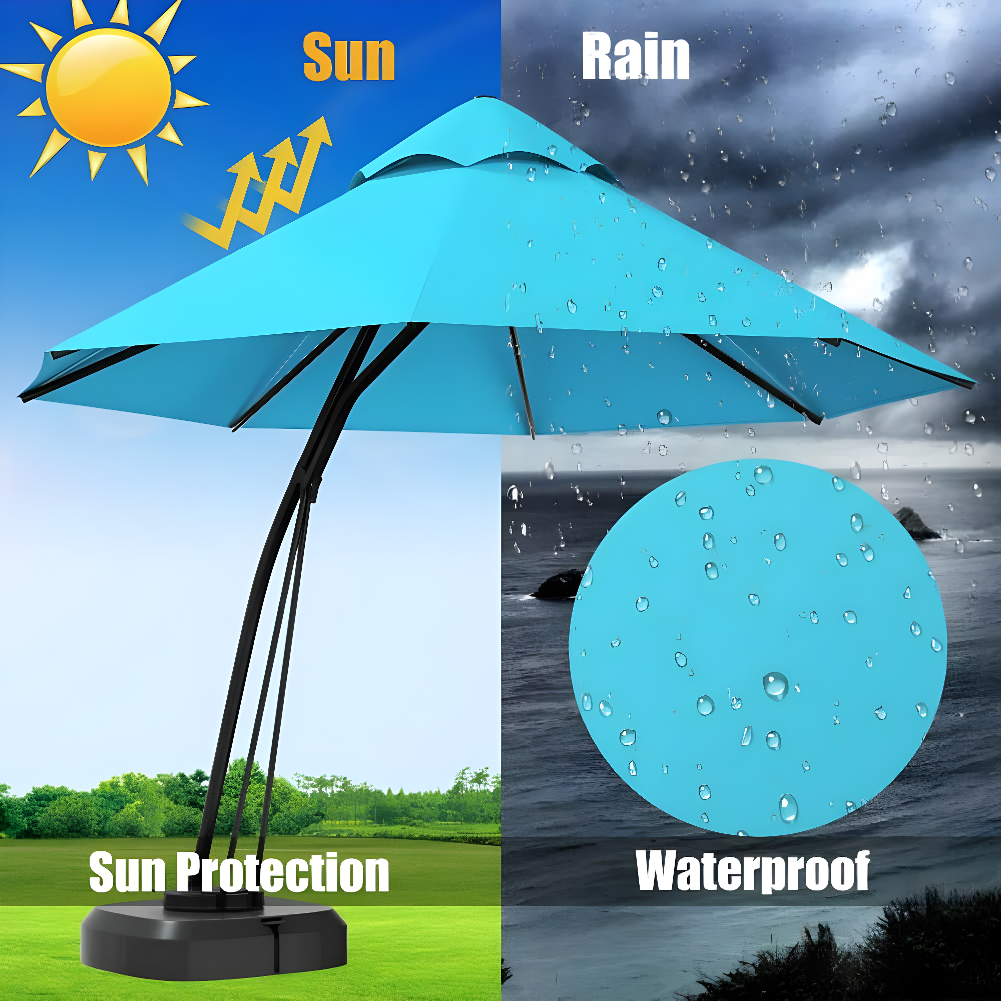 Spaco 11 Feet Outdoor Cantilever Hanging Umbrella with Base and Wheels-Turquoise, Patio Offset Umbrella with Easy Tilt Adjustment, Outdoor Cantilever Hanging Umbrella