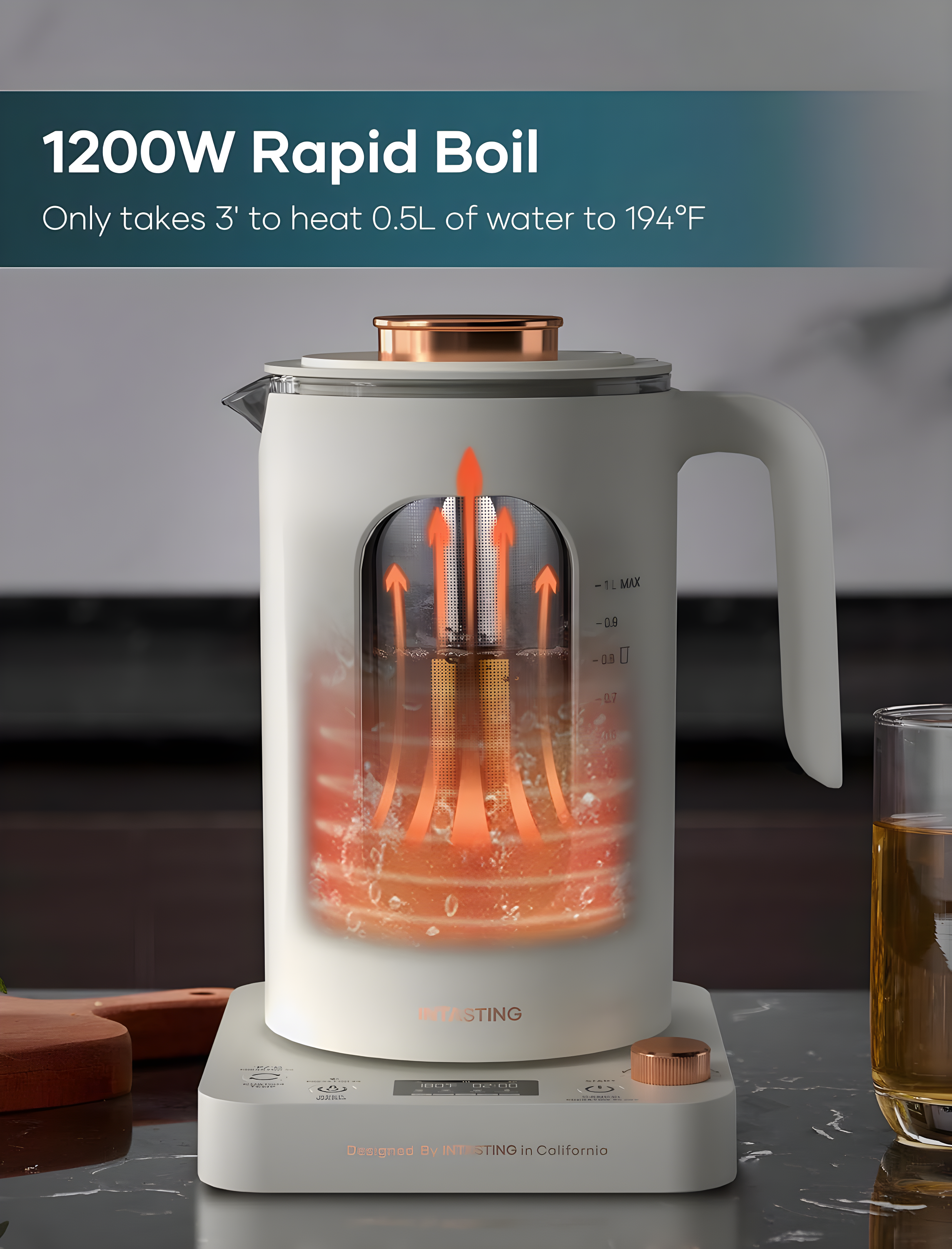 QUALITY FLOORING INC. Electric Tea Kettle, Glass Electric Kettle With Tea Infuser And Precise Knob Temperature Control, 1200W Fast Heating, BPA-Free, Easy To Clean, For Tea And Coffee