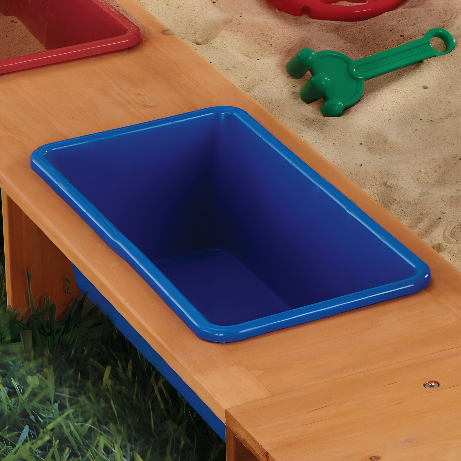 KidKraft Outdoor Covered Wooden Sandbox with Bins and Striped Navy & White Canopy