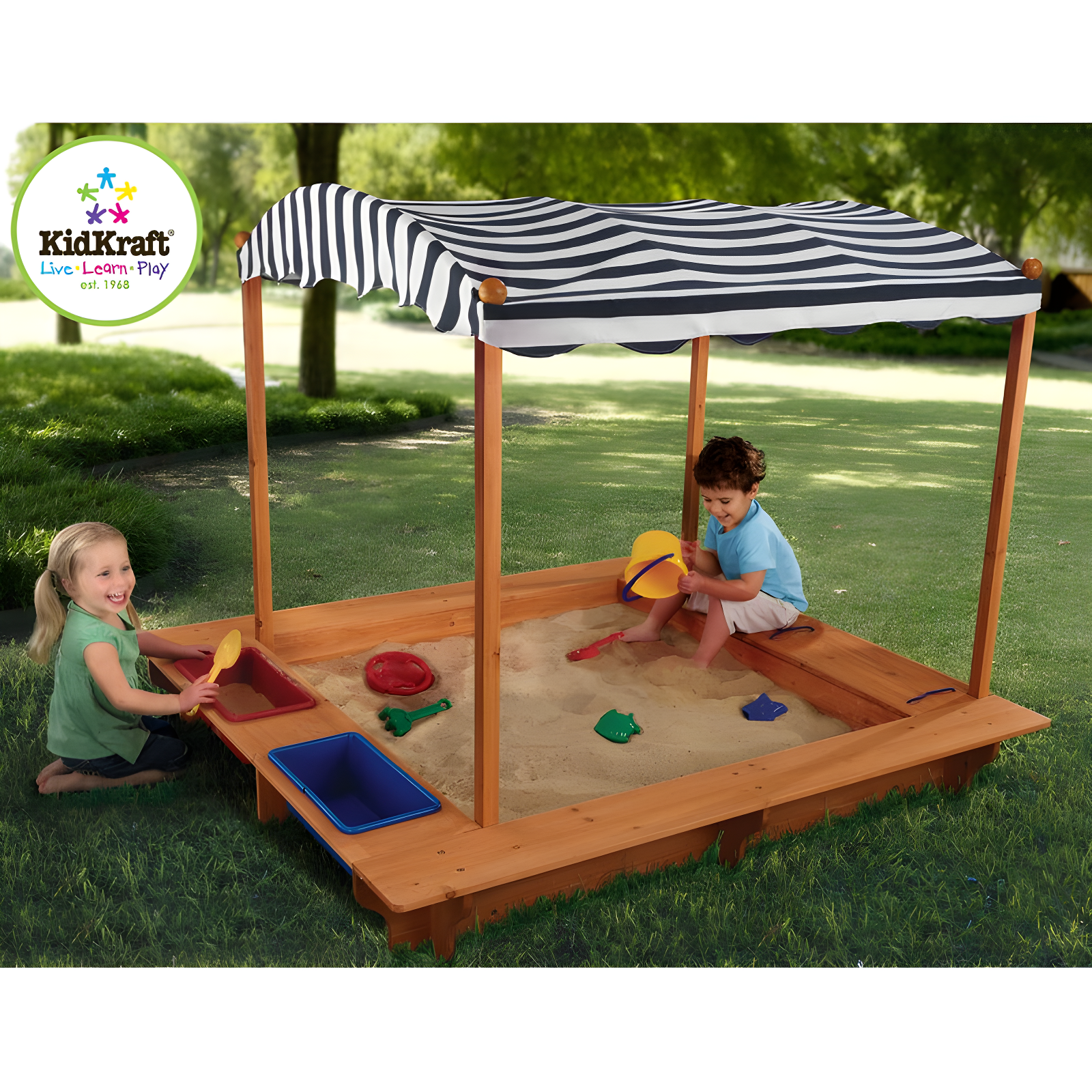 KidKraft Outdoor Covered Wooden Sandbox with Bins and Striped Navy & White Canopy
