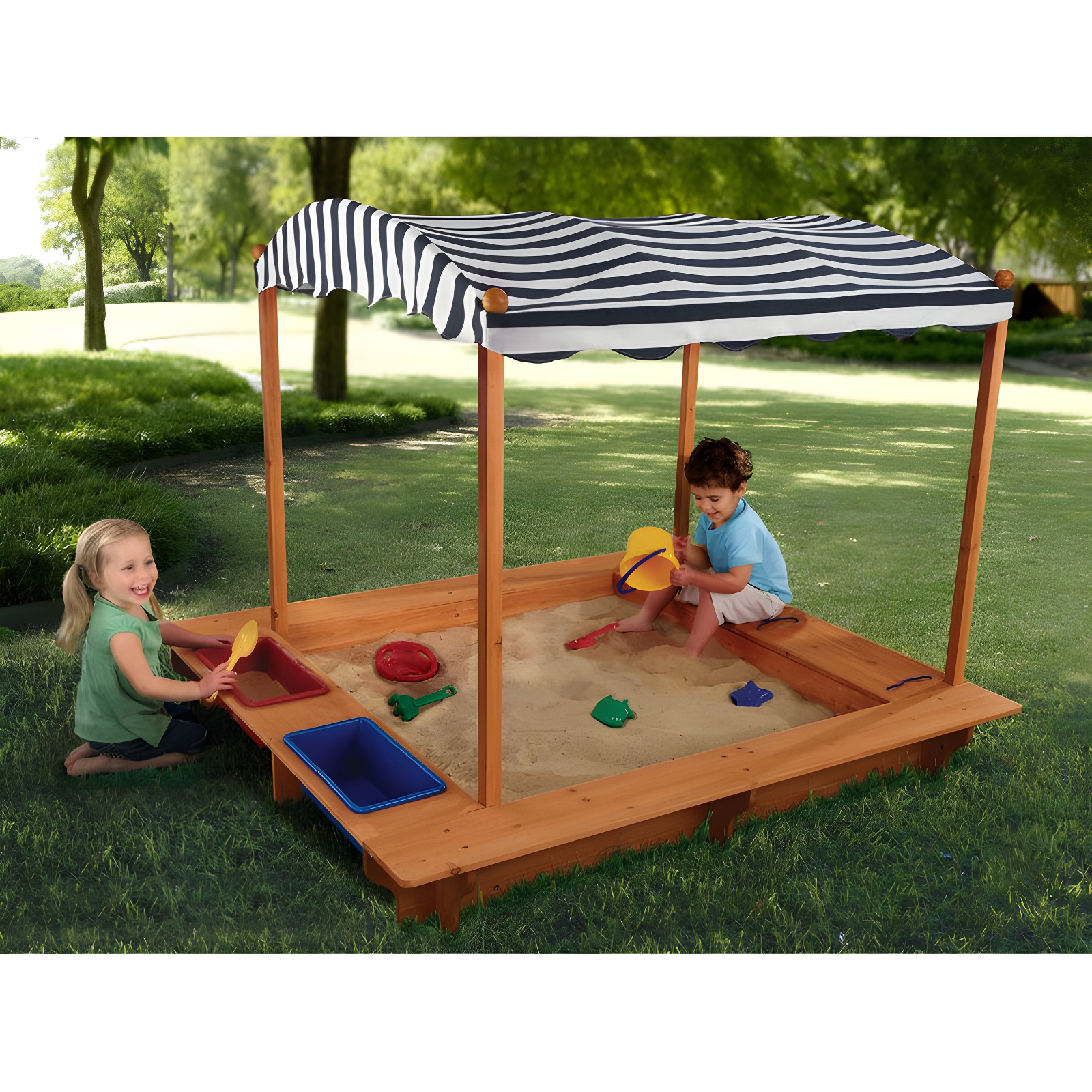 KidKraft Outdoor Covered Wooden Sandbox with Bins and Striped Navy & White Canopy