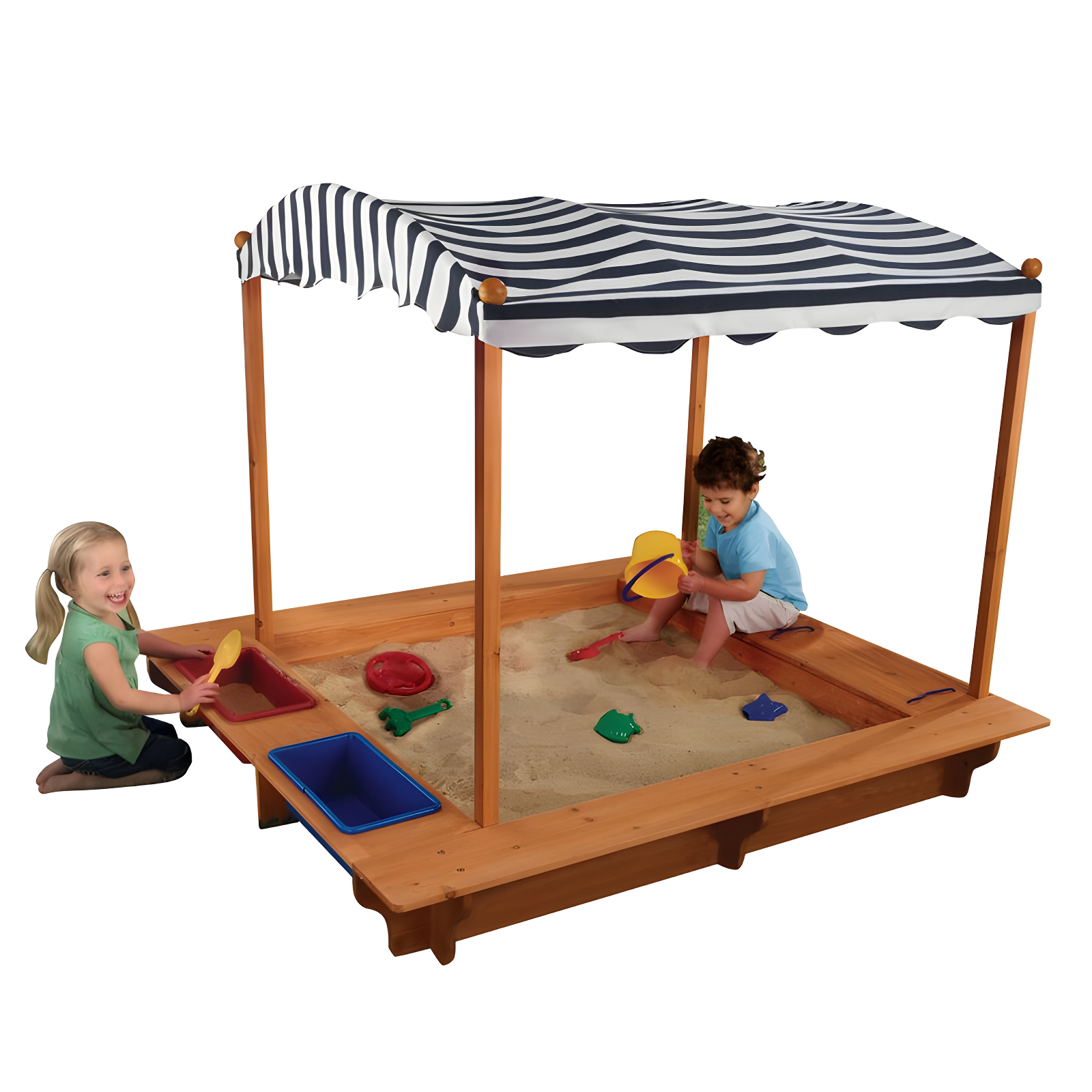 KidKraft Outdoor Covered Wooden Sandbox with Bins and Striped Navy & White Canopy