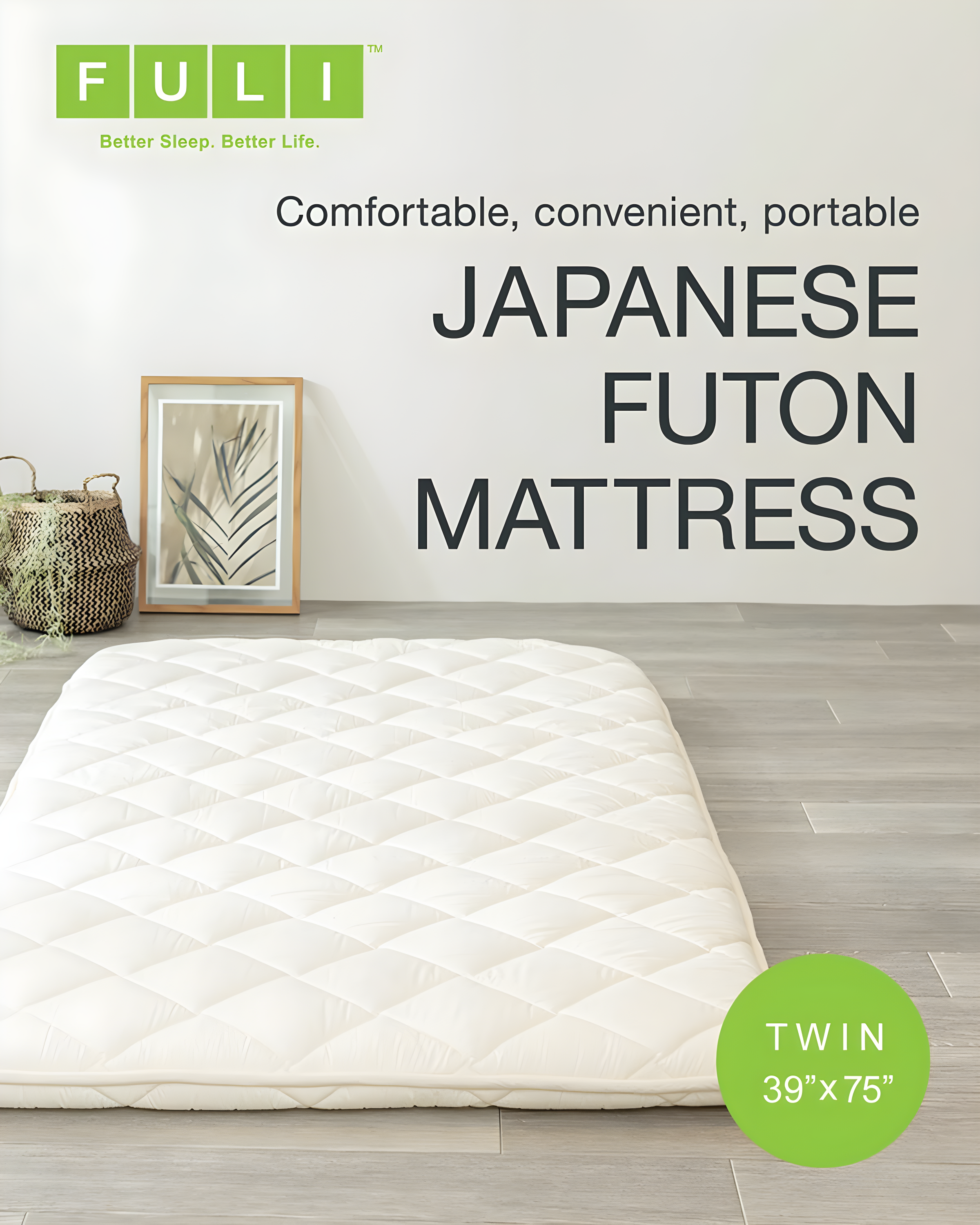 FULI Japanese Futon Floor Mattress, Foldable & Portable Shiki Futon Shikibuton (White, Twin)