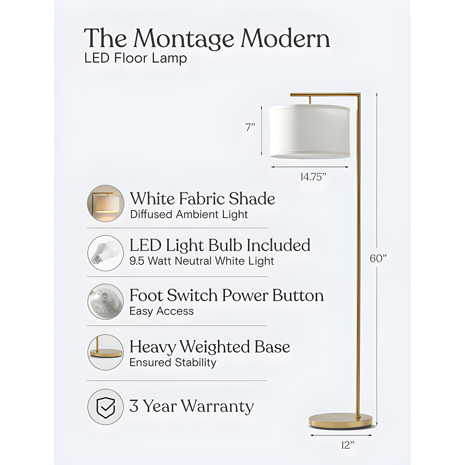 Montage Modern 60 in. Mid-Century Modern LED Floor Lamp with Fabric Drum Shade