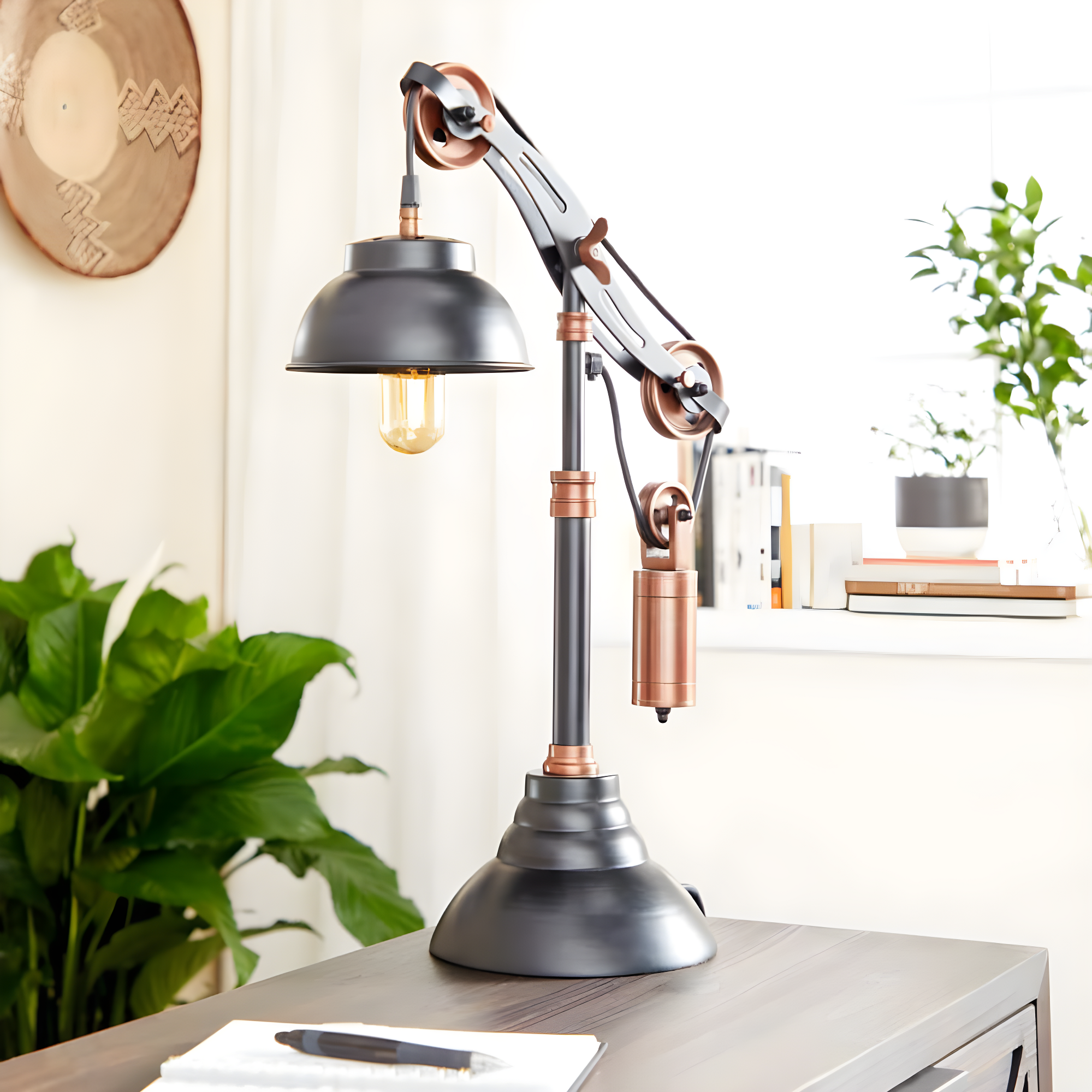 DecMode 24" Pulley Black Desk Lamp with Black Metal Shade