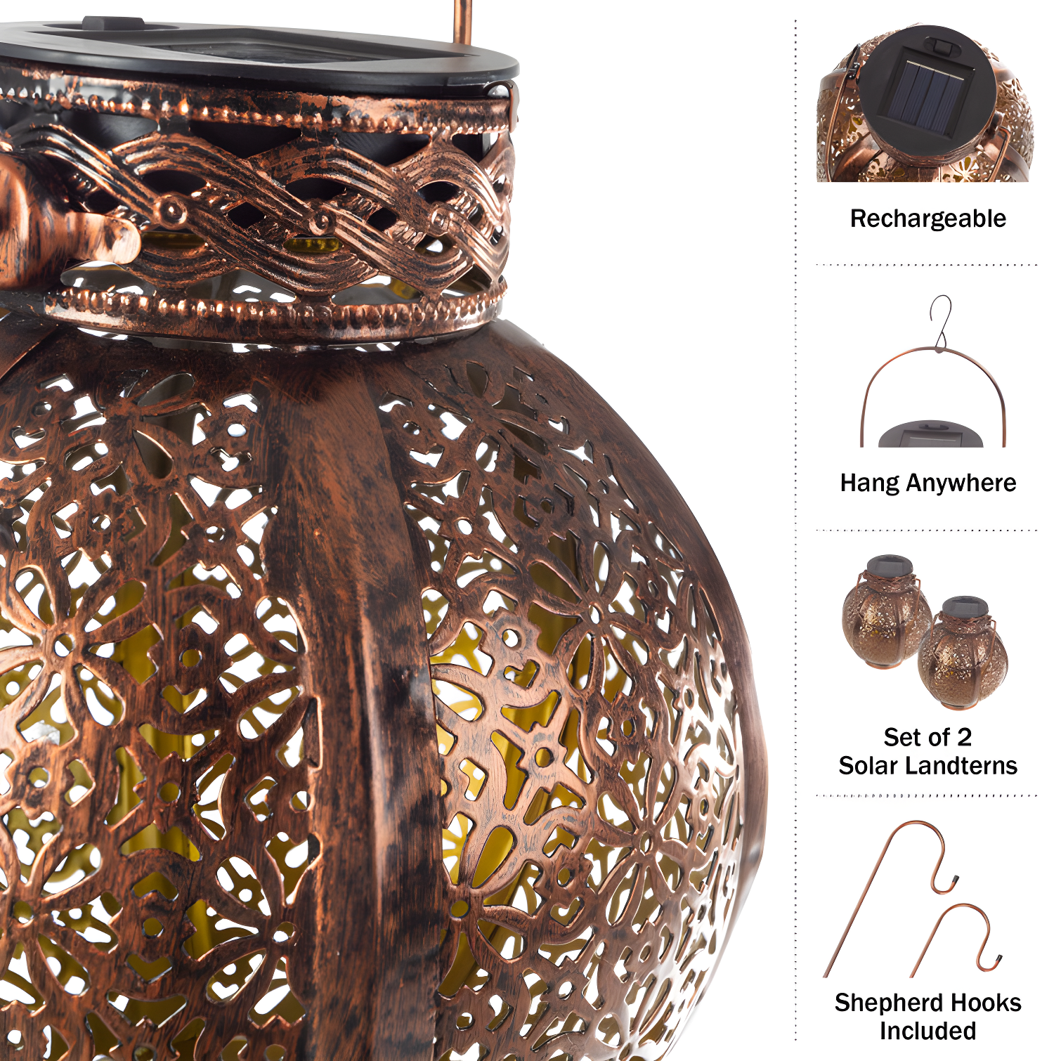 Pure Garden 2 Solar Outdoor Lights - Hanging Or Tabletop Rechargeable LED Lantern With Hooks- Outdoor Decor (Set of 2)
