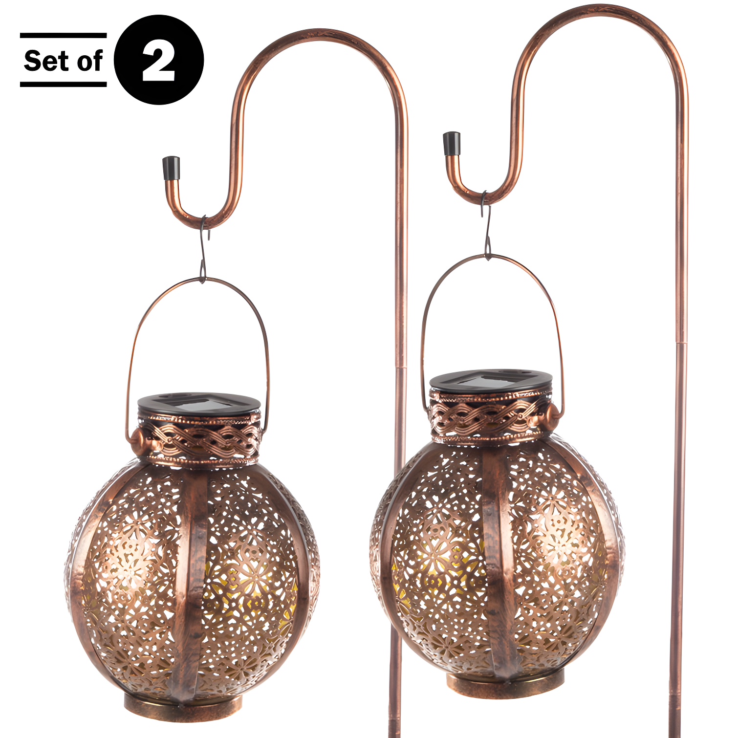 Pure Garden 2 Solar Outdoor Lights - Hanging Or Tabletop Rechargeable LED Lantern With Hooks- Outdoor Decor (Set of 2)