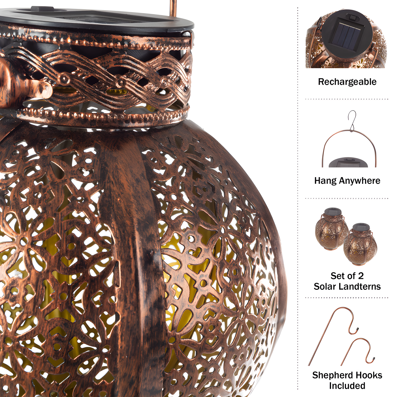 Pure Garden 2 Solar Outdoor Lights - Hanging Or Tabletop Rechargeable LED Lantern With Hooks- Outdoor Decor (Set of 2)