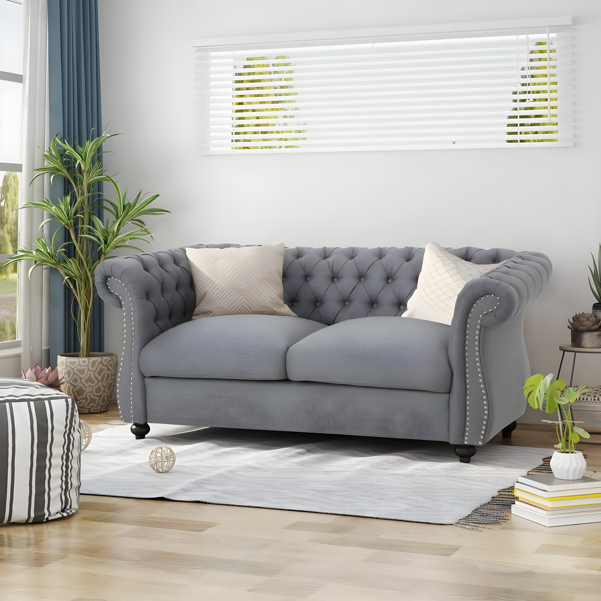 Noble House Aaniya Velvet Chesterfield Loveseat Sofa, Dark Gray