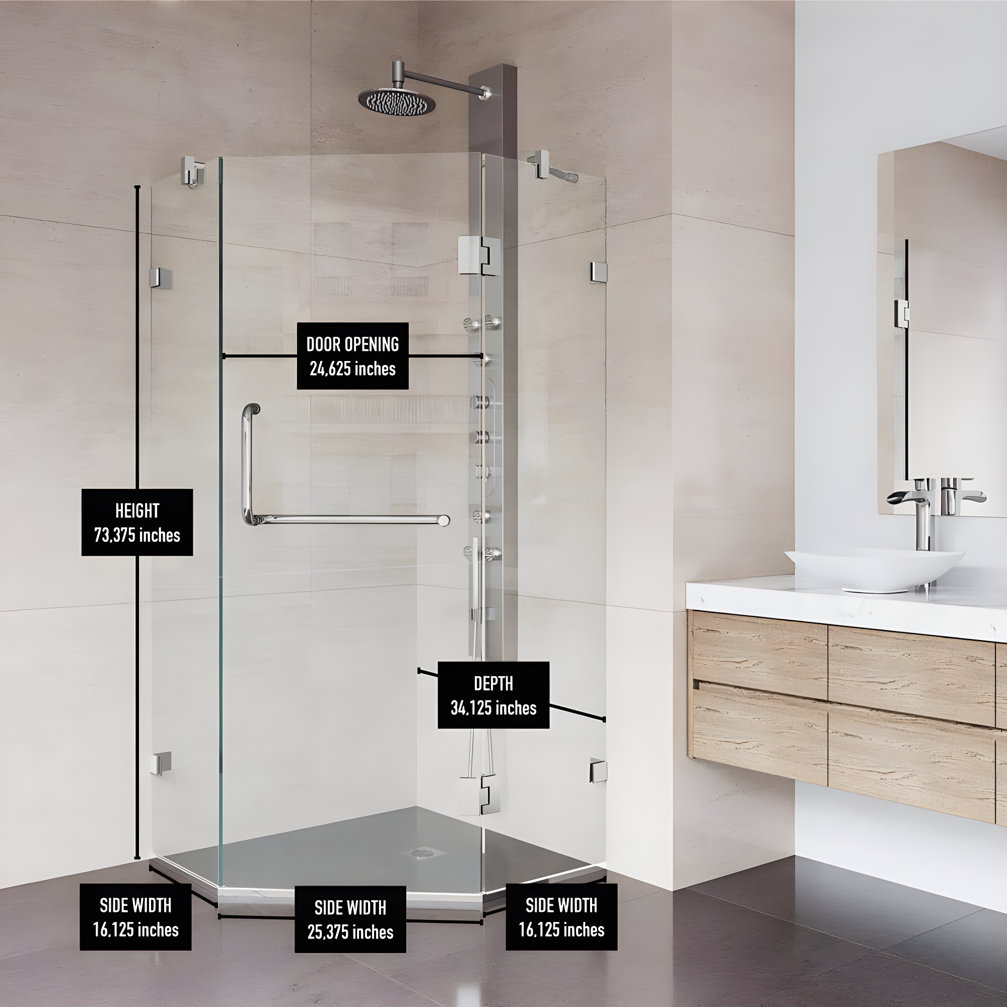 Piedmont 34" W x 34" D x 73" H Hinged Frameless Shower Enclosure with 3/8Clear Glass