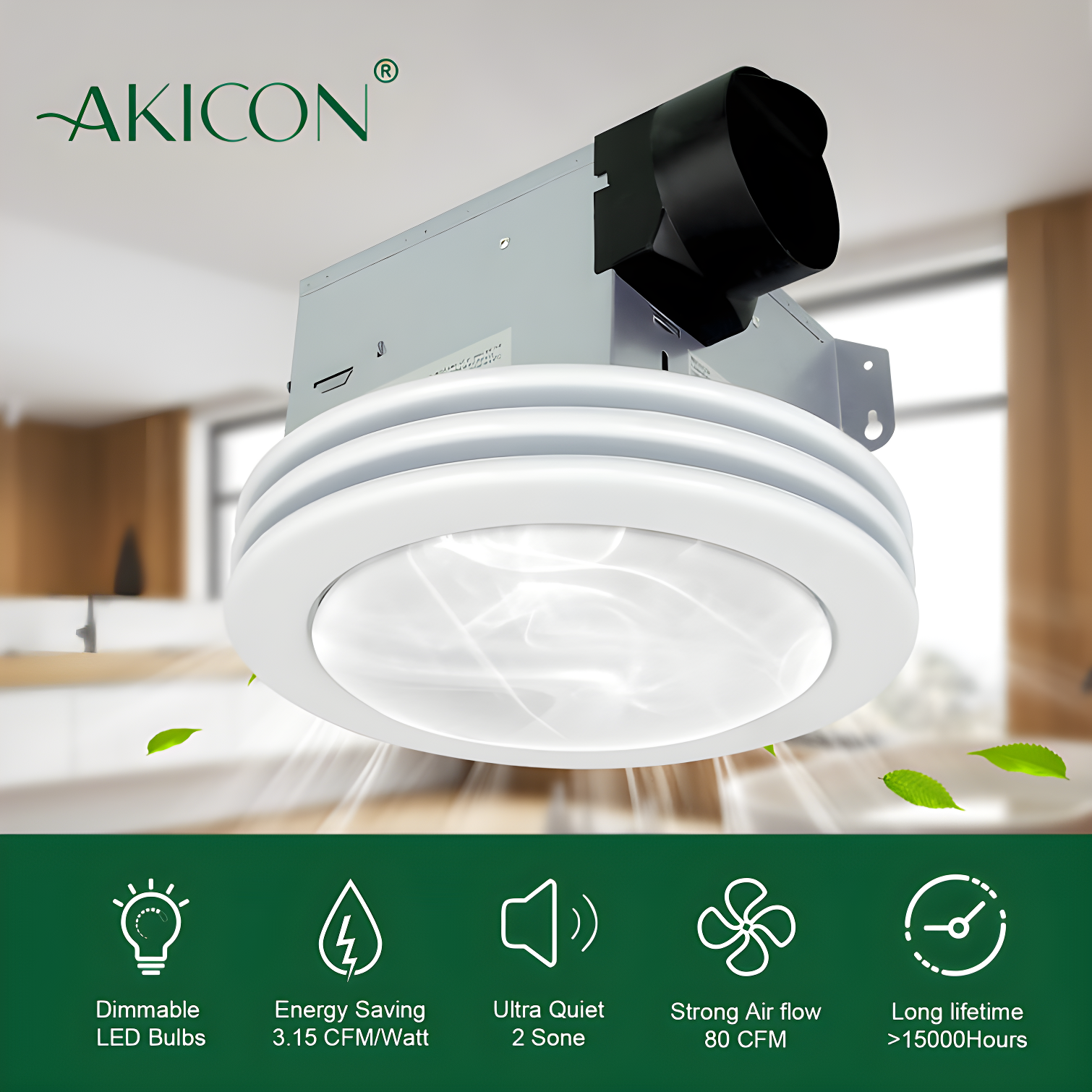 Akicon AK1480-SW 80 CFM Bathroom Fan with LED Light Round Ceiling Exhaust Ventilation Fan