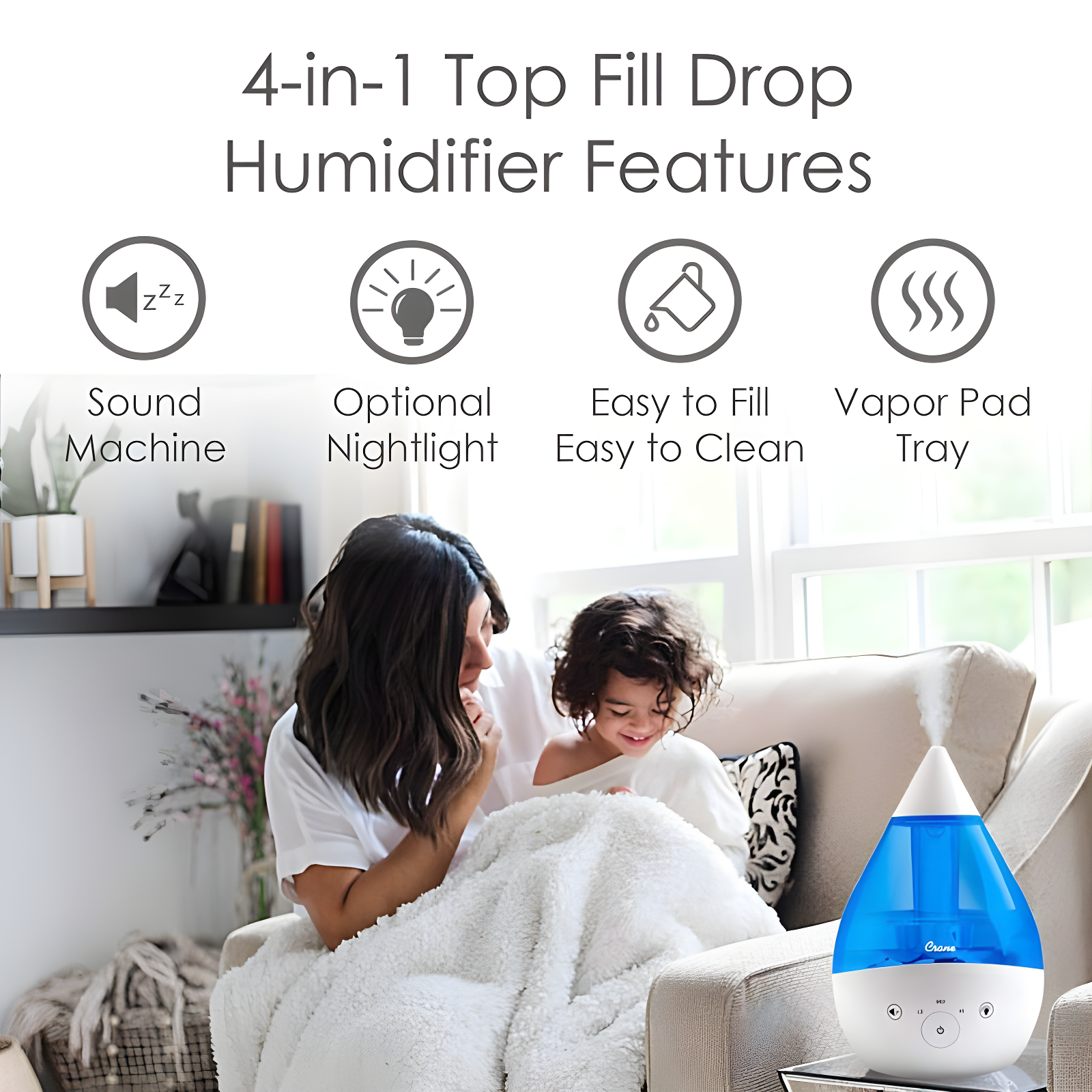 Crane USA Drop 2.0 , 4-in-1 Cool-Mist Humidifier with Aroma Tray & Sound Machine