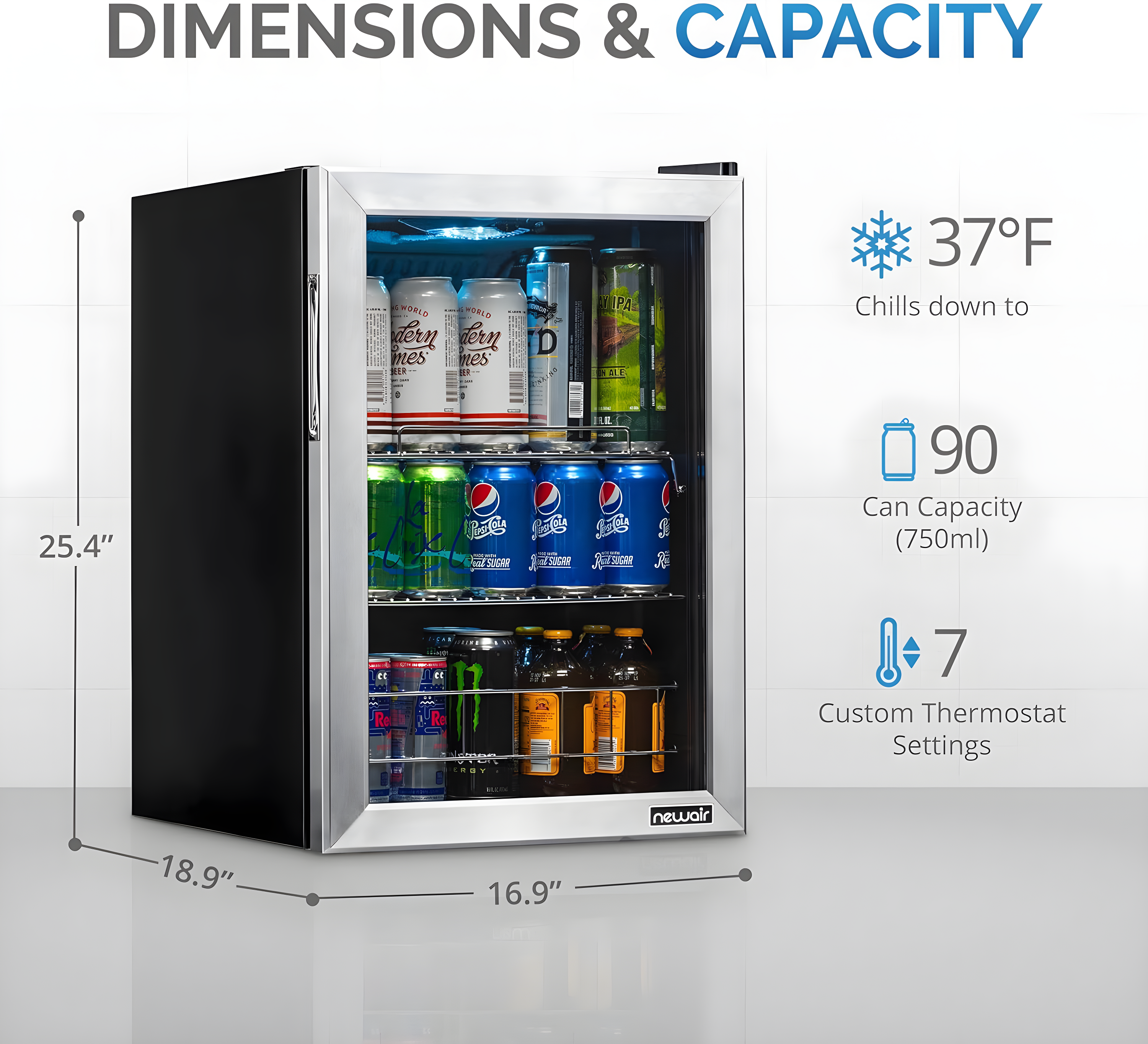 Newair 90 Can Freestanding Beverage Fridge in Stainless Steel, Compact with Adjustable Shelves