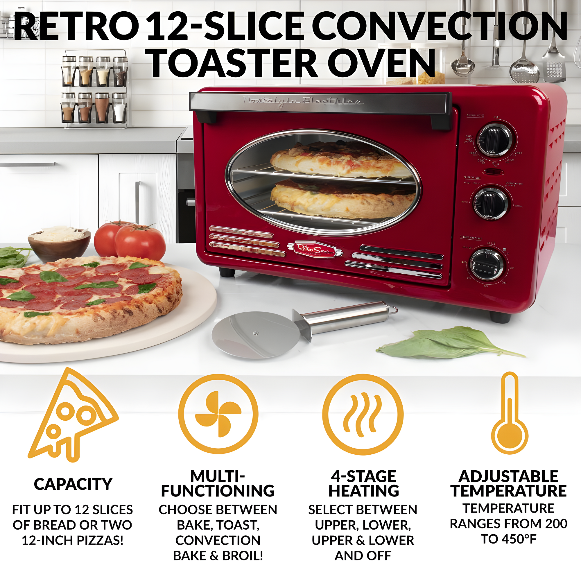 Nostalgia Nostalgia Large-Capacity 0.7-Cu. Ft. Capacity Multi-Functioning Retro Air Fryer Toaster Oven, Fits 12 Slices of Bread and Two 12-Inch Pizzas, Built In Timer, Includes Baking Pan, Wire Racks and Crumb Tray