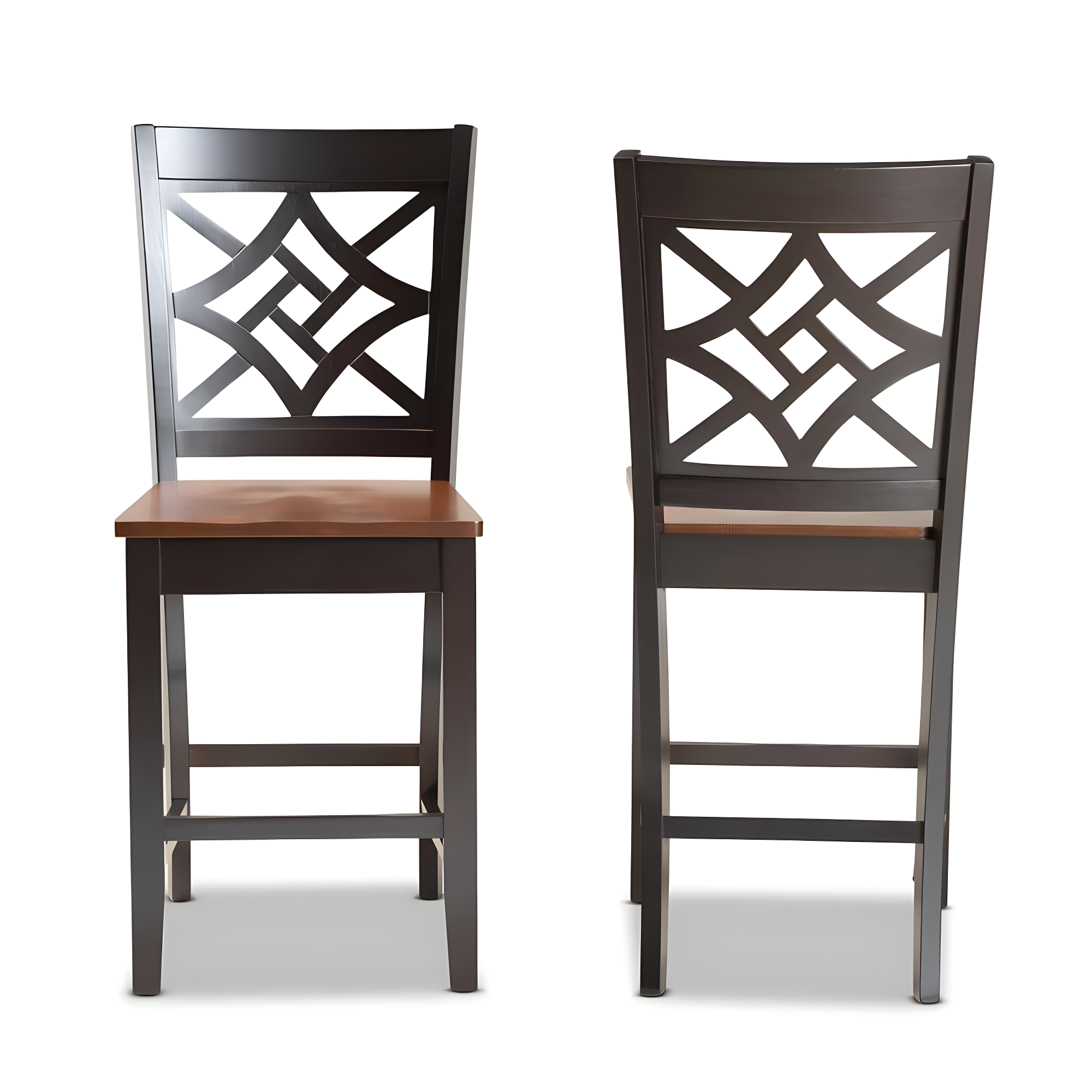 2pc Nicolette Two-Toned Wood Counter Height Barstools Brown/Walnut - Baxton Studio: Elegant Cut-Out Design, Polyester Upholstery